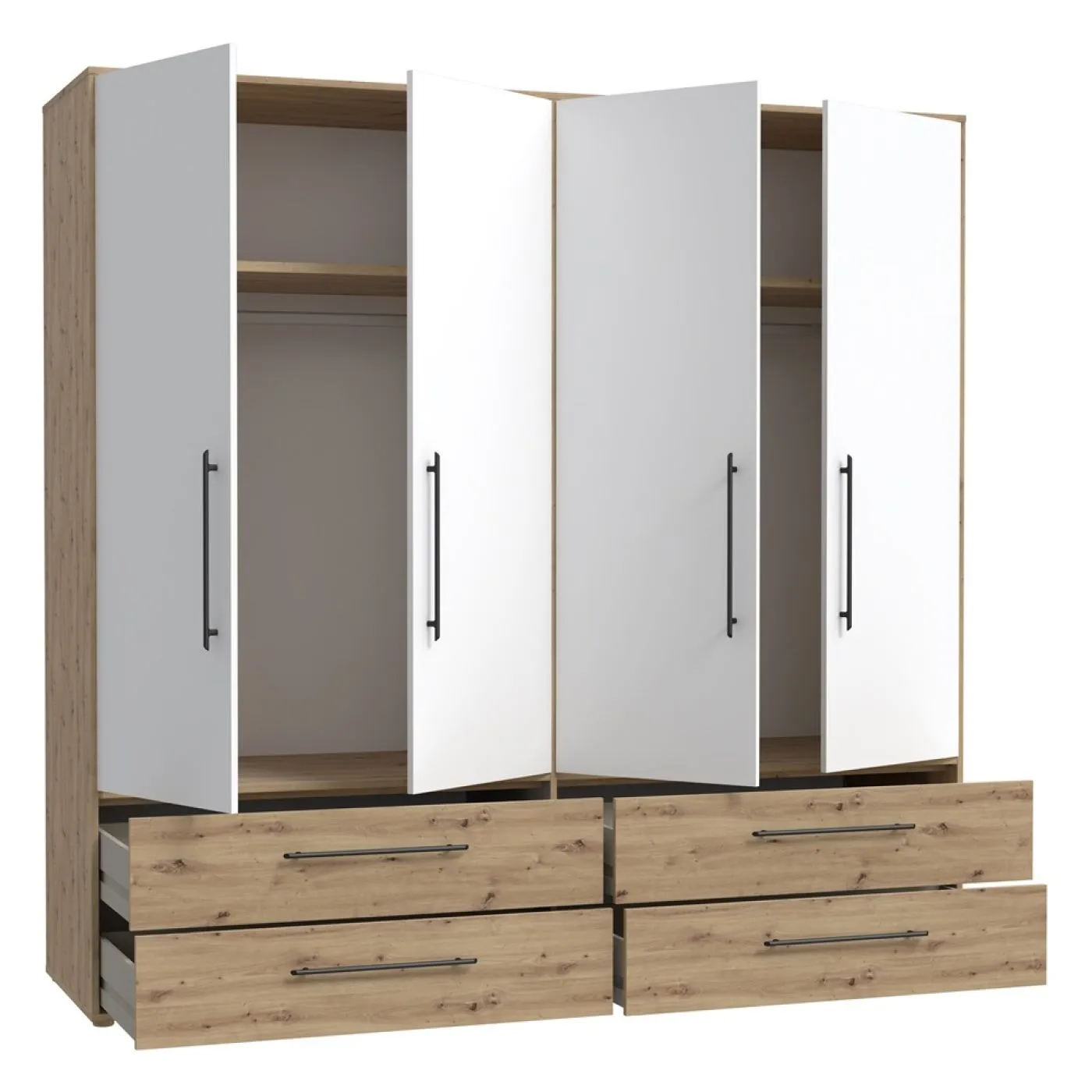 Kleiderschrank Drehtürenschrank Mokko | 4-türig | mit Schubkästen | Artisan Eiche / weiß