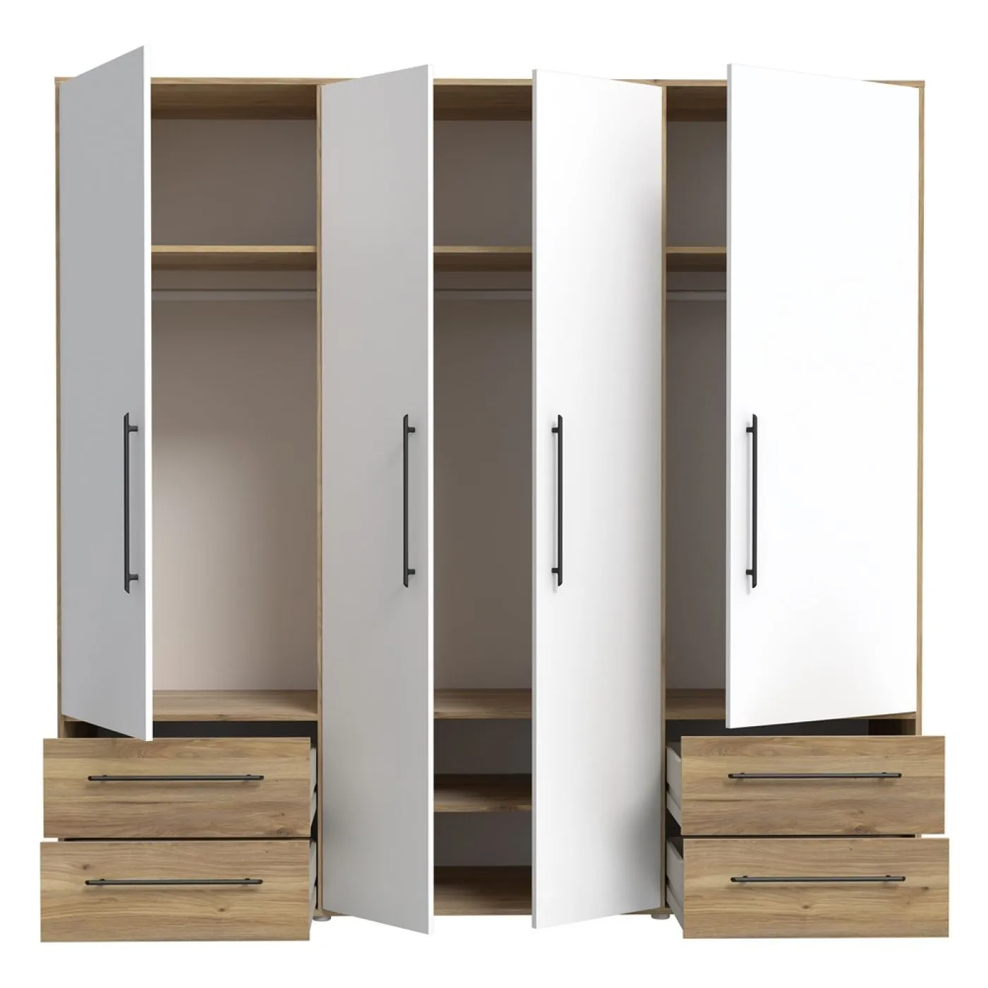 Kleiderschrank Drehtürenschrank Mokko | 4-türig | mit Schubkästen | Mauvella Eiche / weiß