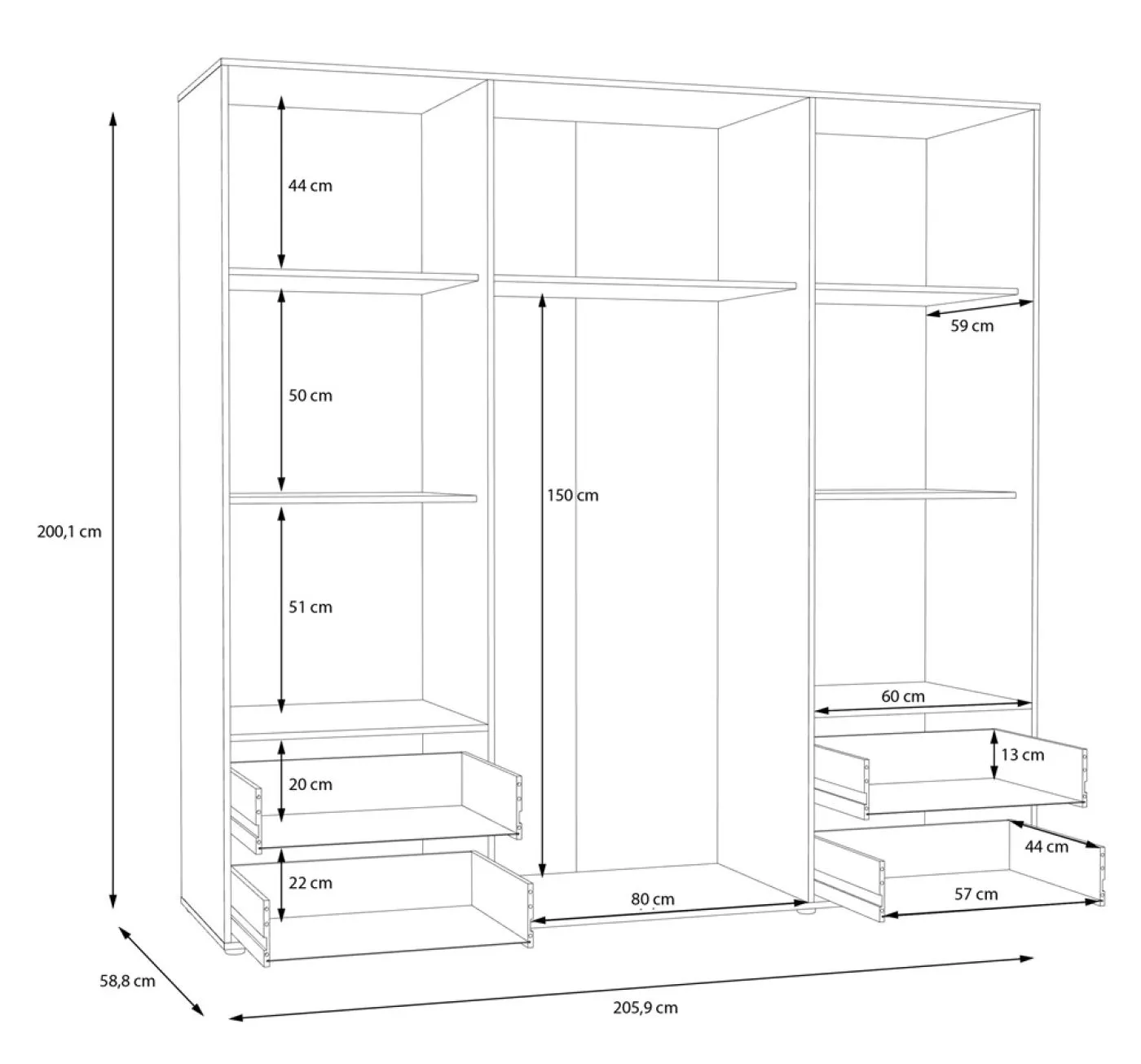 Kleiderschrank Drehtürenschrank Mokko | mit Schubkästen | Artisan Eiche | 206 x 200 x 59 cm