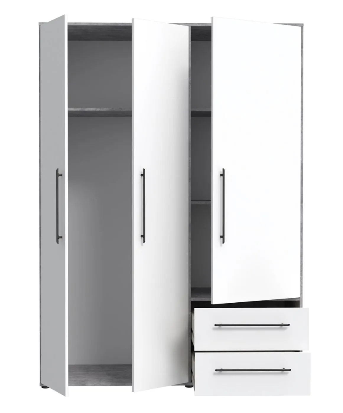 Kleiderschrank Drehtürenschrank Mokko | mit Schubkästen | Betonoptik Lichtgrau / weiß | 144,4 x 200 x 59 cm