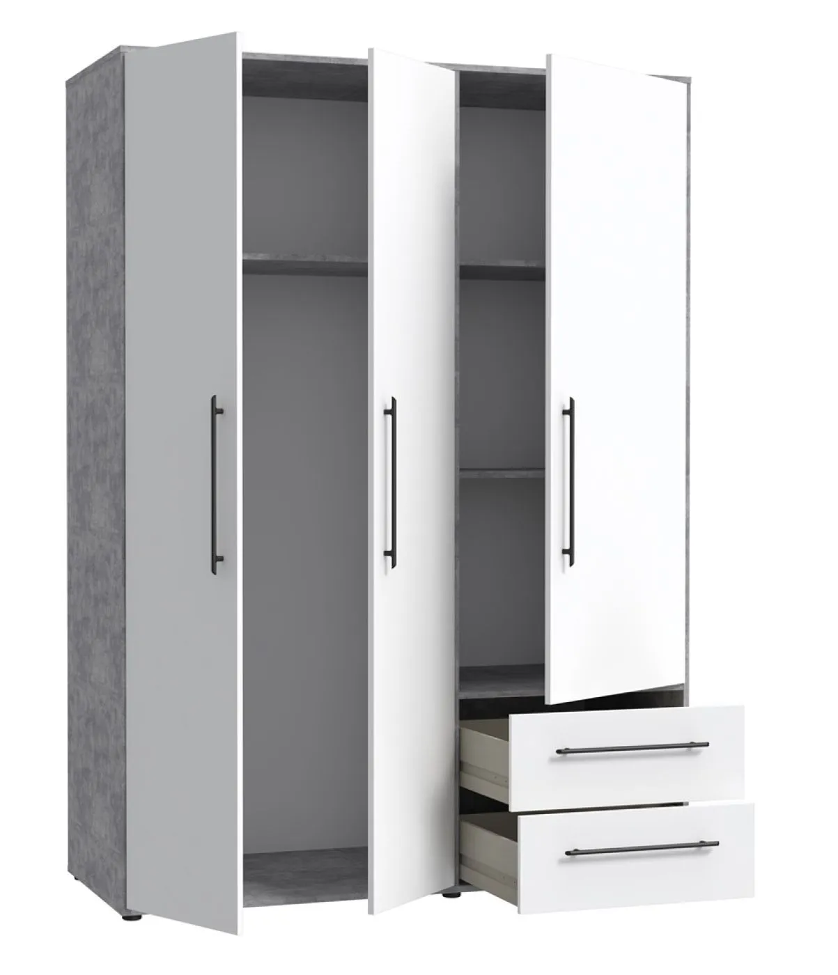 Kleiderschrank Drehtürenschrank Mokko | mit Schubkästen | Betonoptik Lichtgrau / weiß | 144,4 x 200 x 59 cm