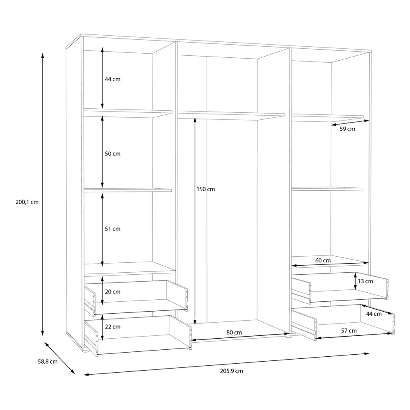 Kleiderschrank Drehtürenschrank Mokko | mit Schubkästen | Betonoptik Lichtgrau / weiß | 206 x 200 x 59 cm