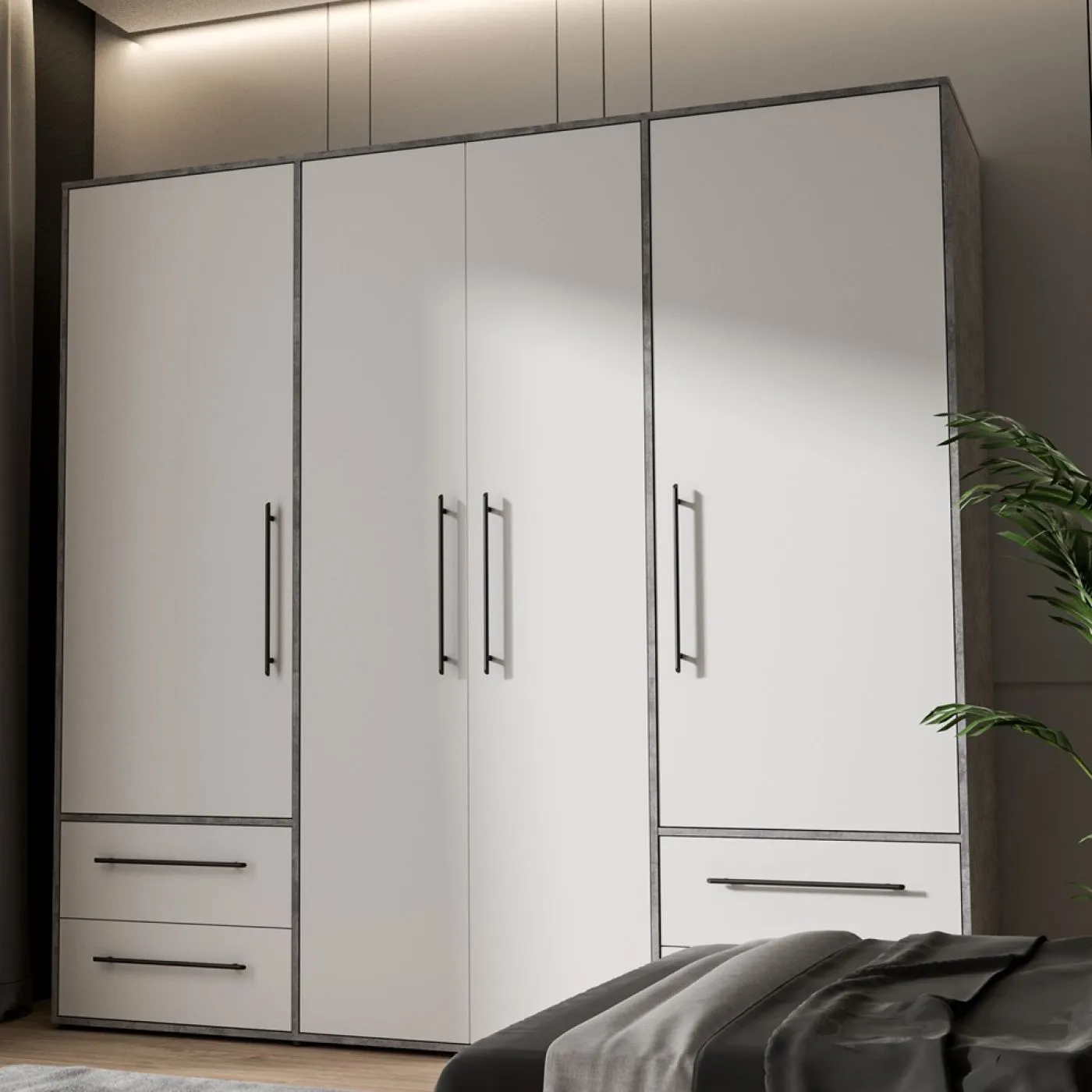 Kleiderschrank Drehtürenschrank Mokko | mit Schubkästen | Betonoptik Lichtgrau / weiß | 206 x 200 x 59 cm