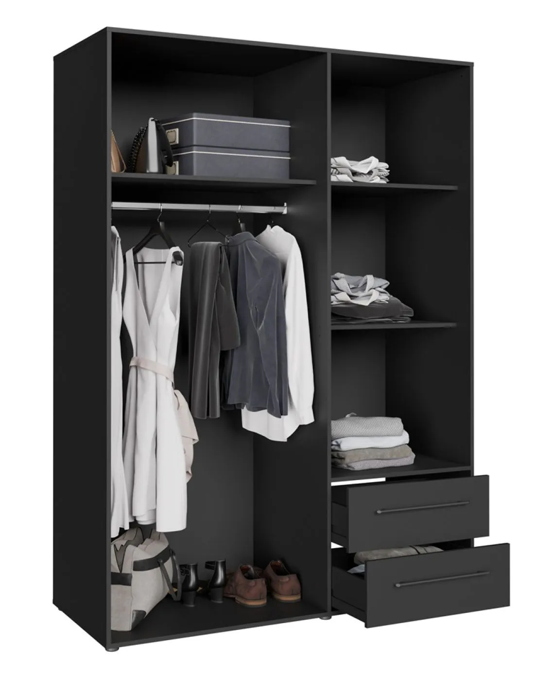 Kleiderschrank Drehtürenschrank Mokko | mit Schubkästen | schwarz | 144,4 x 200 x 59 cm