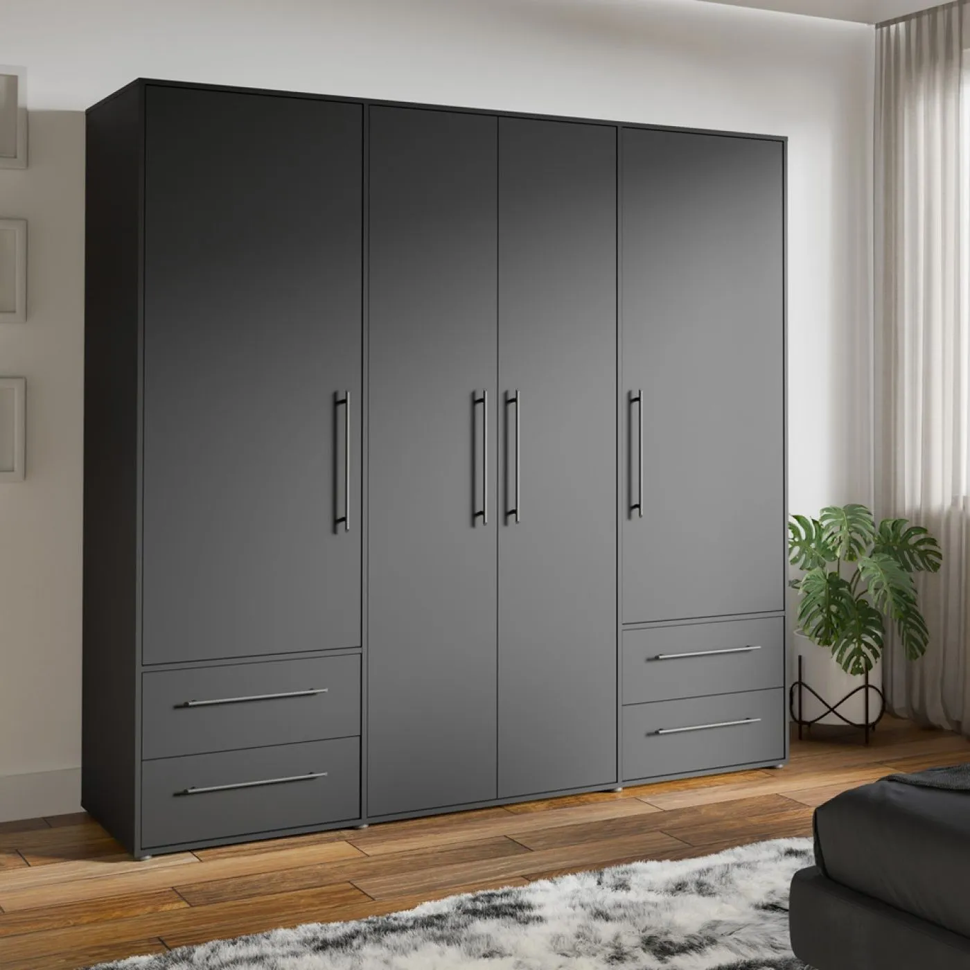 Kleiderschrank Drehtürenschrank Mokko | mit Schubkästen | schwarz | 206 x 200 x 59 cm