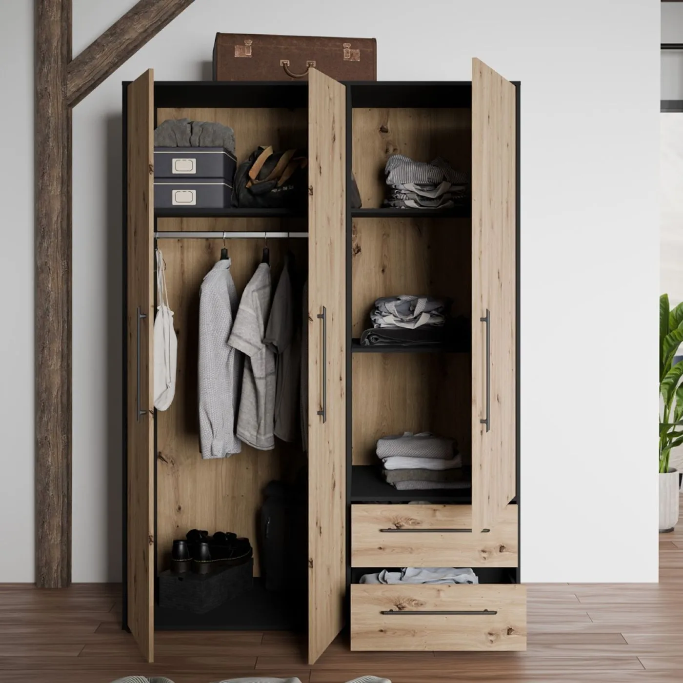 Kleiderschrank Drehtürenschrank Mokko | mit Schubkästen | schwarz / Artisan Eiche | 144,4 x 200 x 59 cm