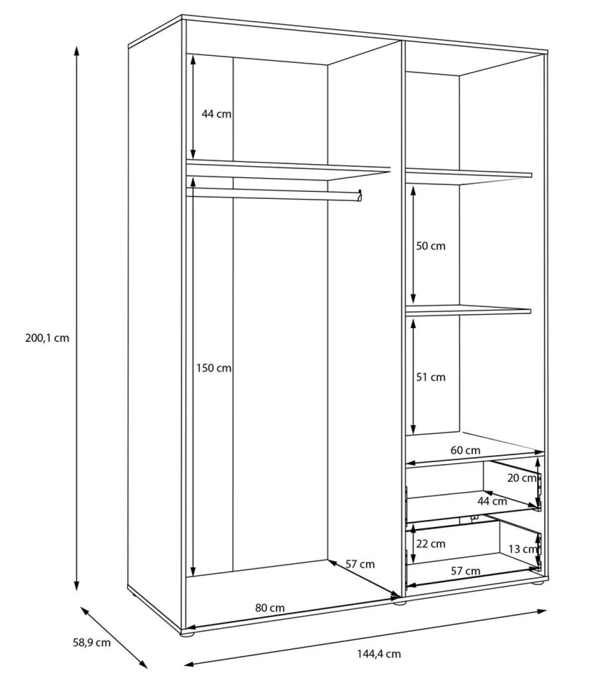 Kleiderschrank Drehtürenschrank Mokko | mit Schubkästen | schwarz / Artisan Eiche | 144,4 x 200 x 59 cm
