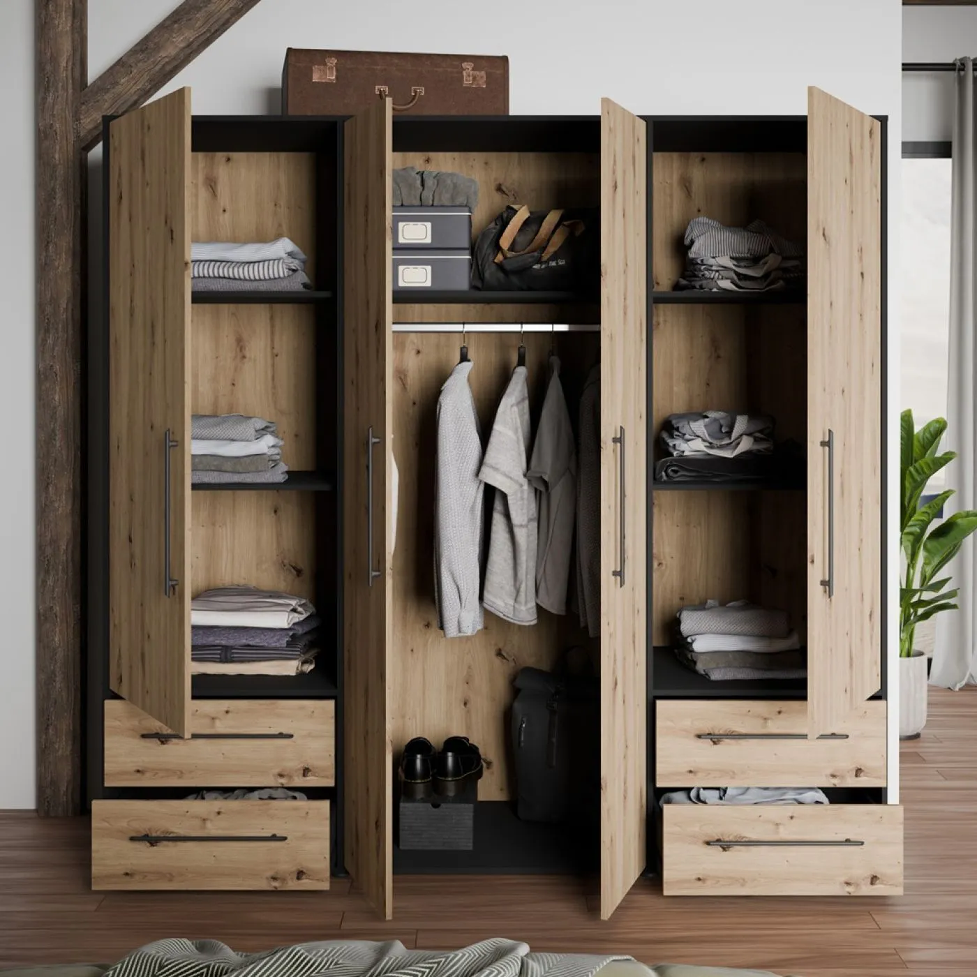 Kleiderschrank Drehtürenschrank Mokko | mit Schubkästen | schwarz / Artisan Eiche | 206 x 200 x 59 cm