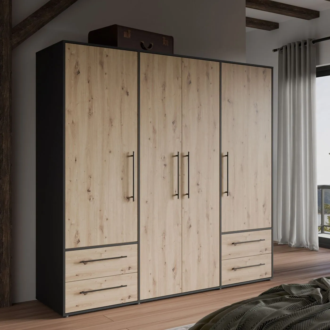 Kleiderschrank Drehtürenschrank Mokko | mit Schubkästen | schwarz / Artisan Eiche | verschiedene Größen