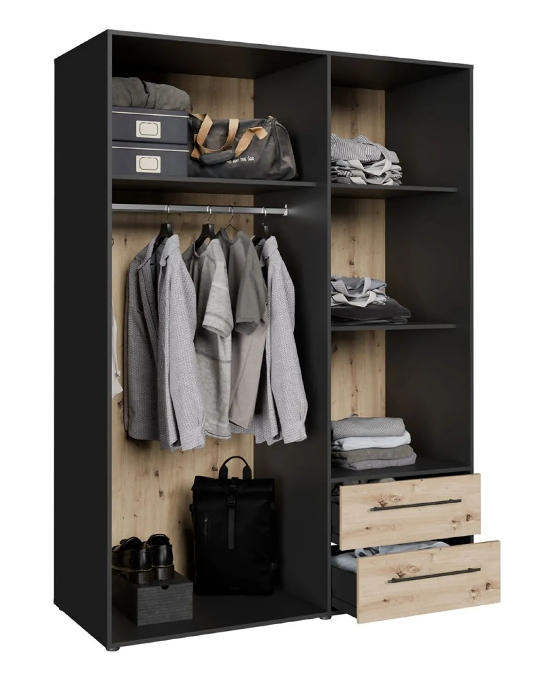 Kleiderschrank Drehtürenschrank Mokko | mit Schubkästen | schwarz / Artisan Eiche | verschiedene Größen