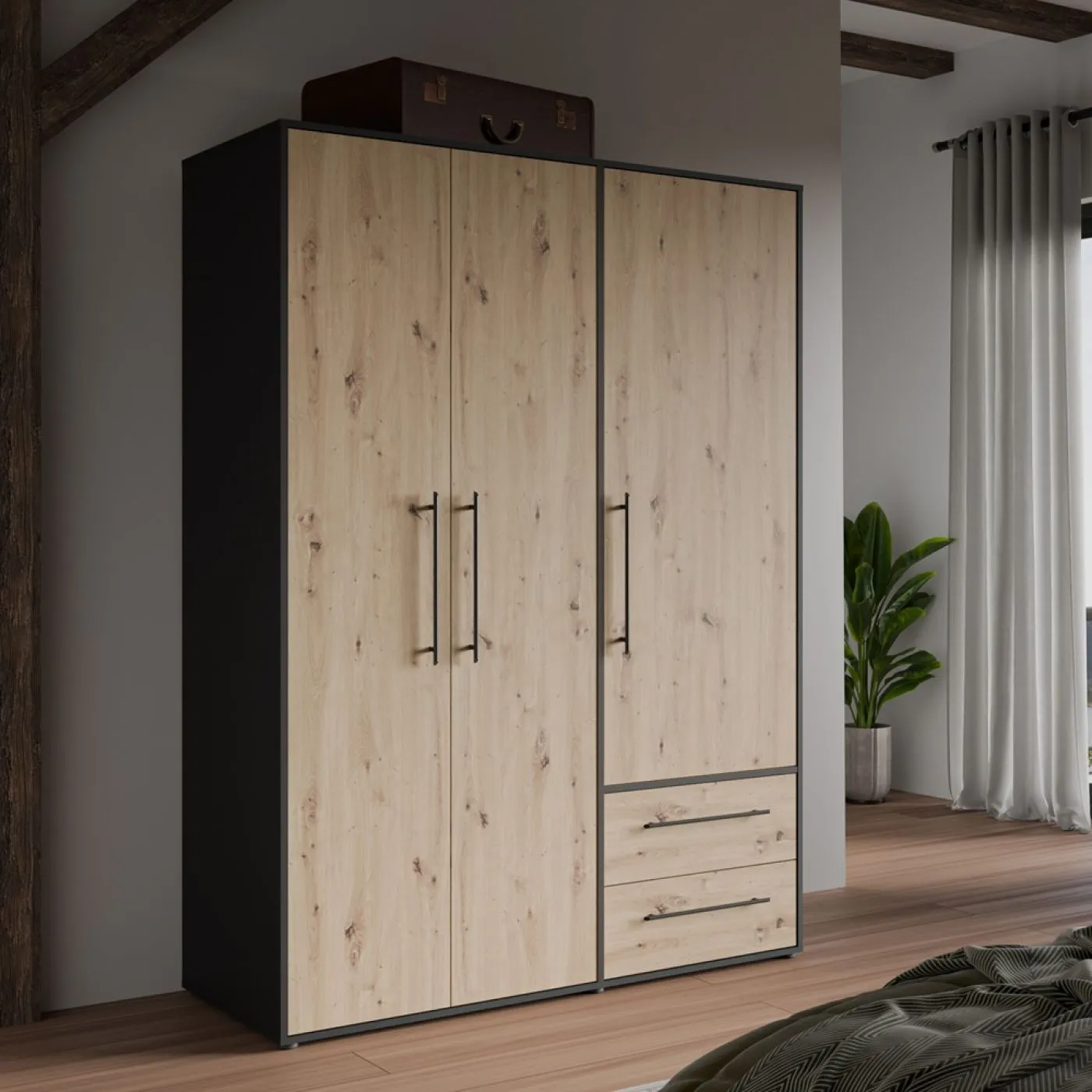 Kleiderschrank Drehtürenschrank Mokko | mit Schubkästen | schwarz / Artisan Eiche | verschiedene Größen