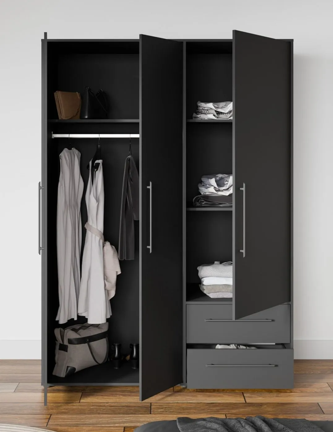 Kleiderschrank Drehtürenschrank Mokko | mit Schubkästen | schwarz | verschiedene Größen