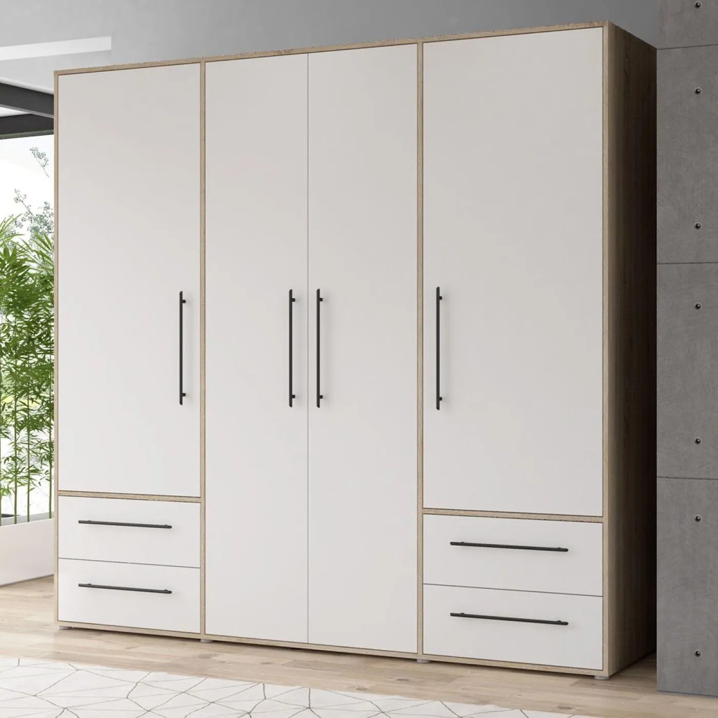 Kleiderschrank Drehtürenschrank Mokko | mit Schubkästen | Sonoma Eiche / weiß | 206 x 200 x 59 cm