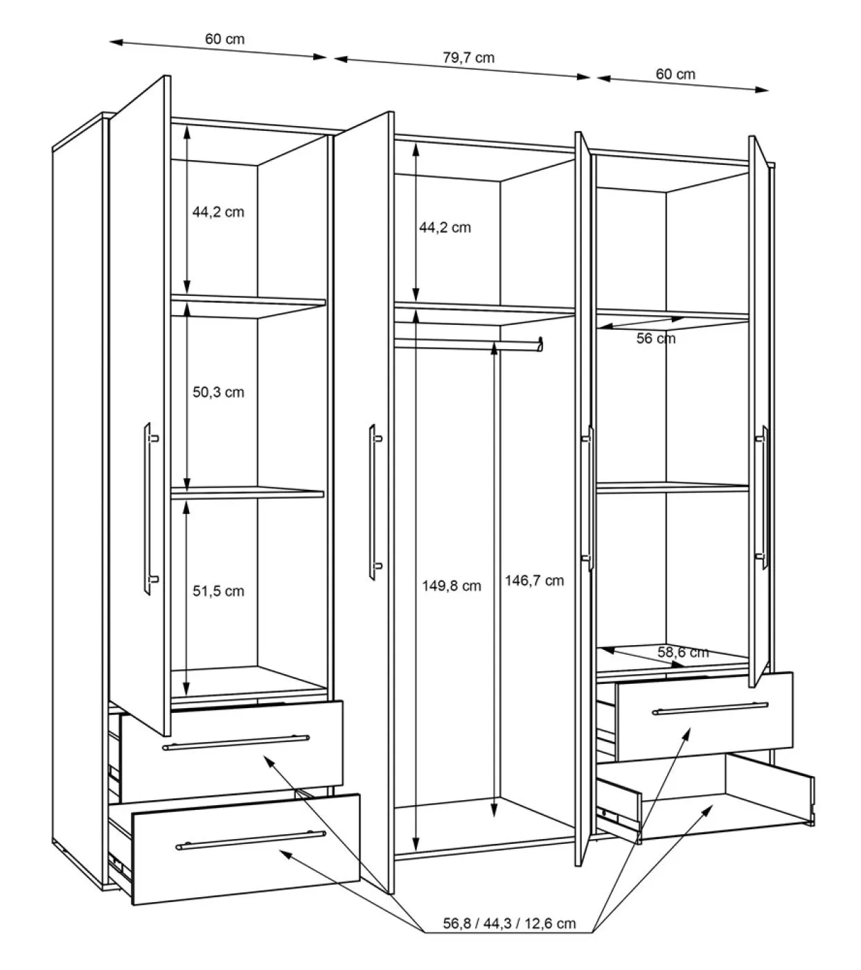 Kleiderschrank Drehtürenschrank Mokko | mit Schubkästen | weiß | 206 x 200 x 59 cm