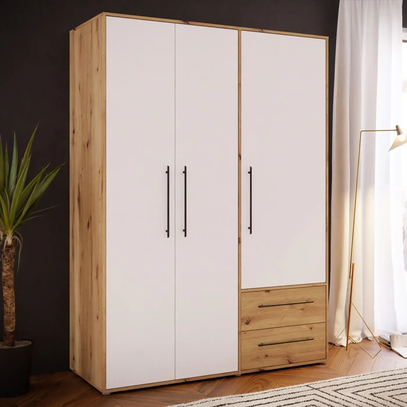 Kleiderschrank Drehtürenschrank Mokko | mit Schubkästen | weiß / Artisan Eiche | 144,4 x 200 x 59 cm