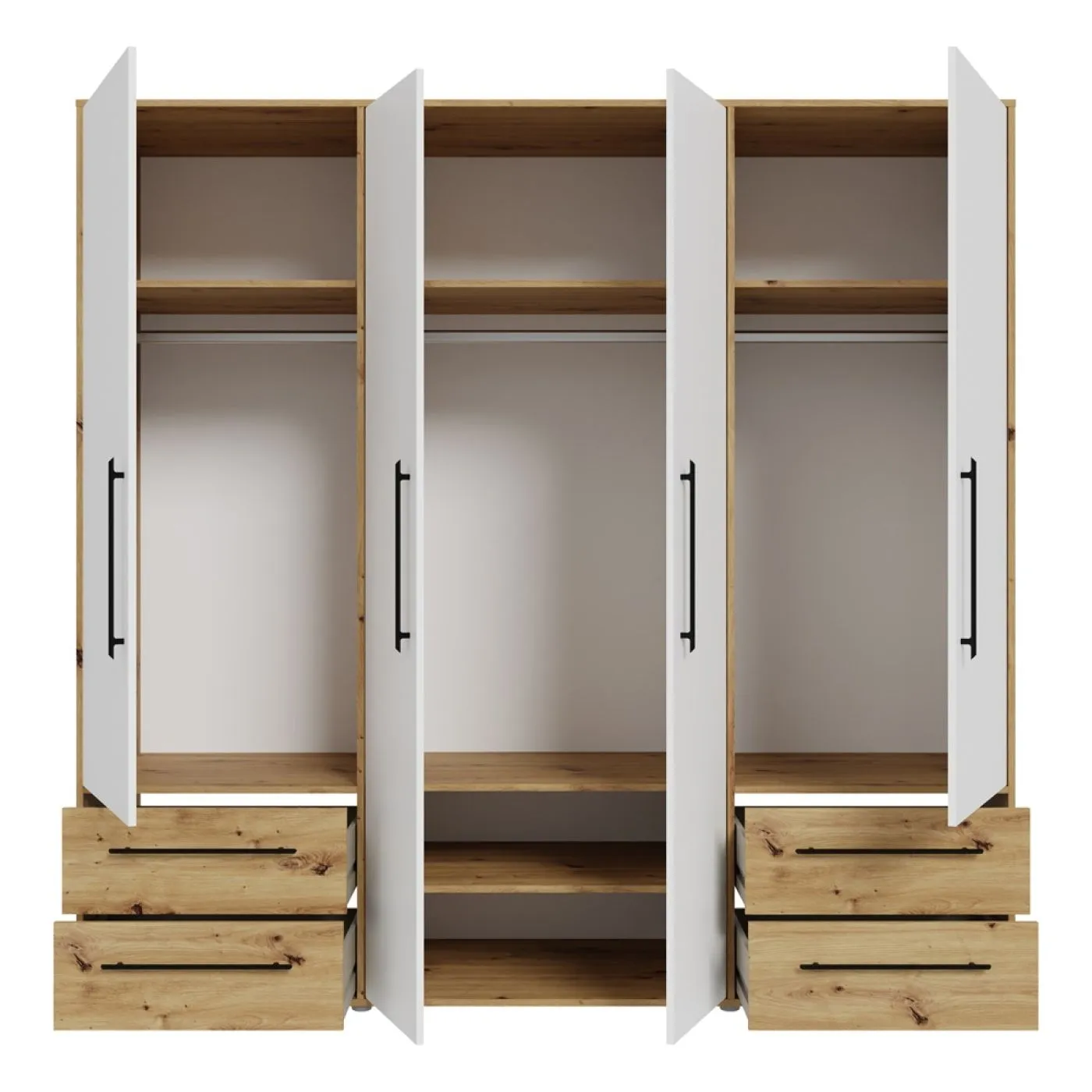 Kleiderschrank Drehtürenschrank Mokko | mit Schubkästen | weiß / Artisan Eiche | 206 x 200 x 59 cm