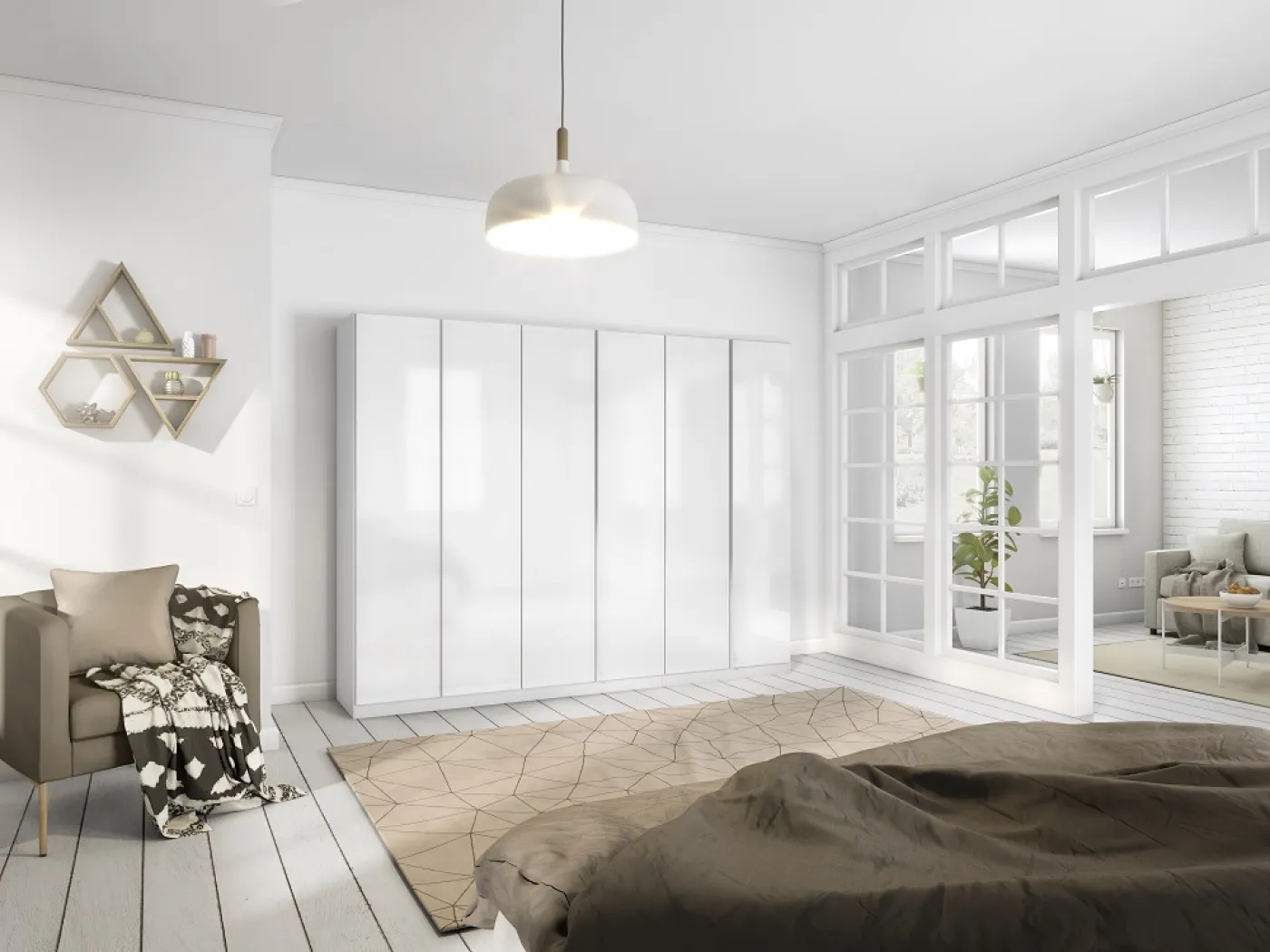 Kleiderschrank Drehtürenschrank Monostar | 6-türig | mit Glastüren | Alpinweiß | 271x210 | ohne Schubkasteneinsatz & Wäscheeinteilung