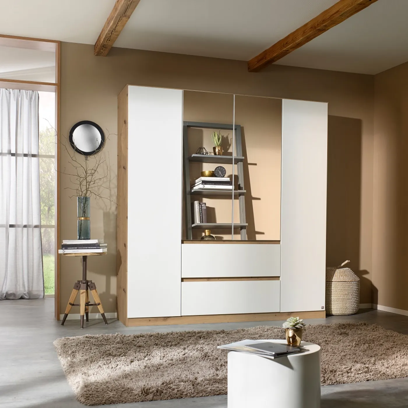 Kleiderschrank Drehtürenschrank Nidda | 4-türig | mit Spiegel | Alpinweiß / Eiche Artisan