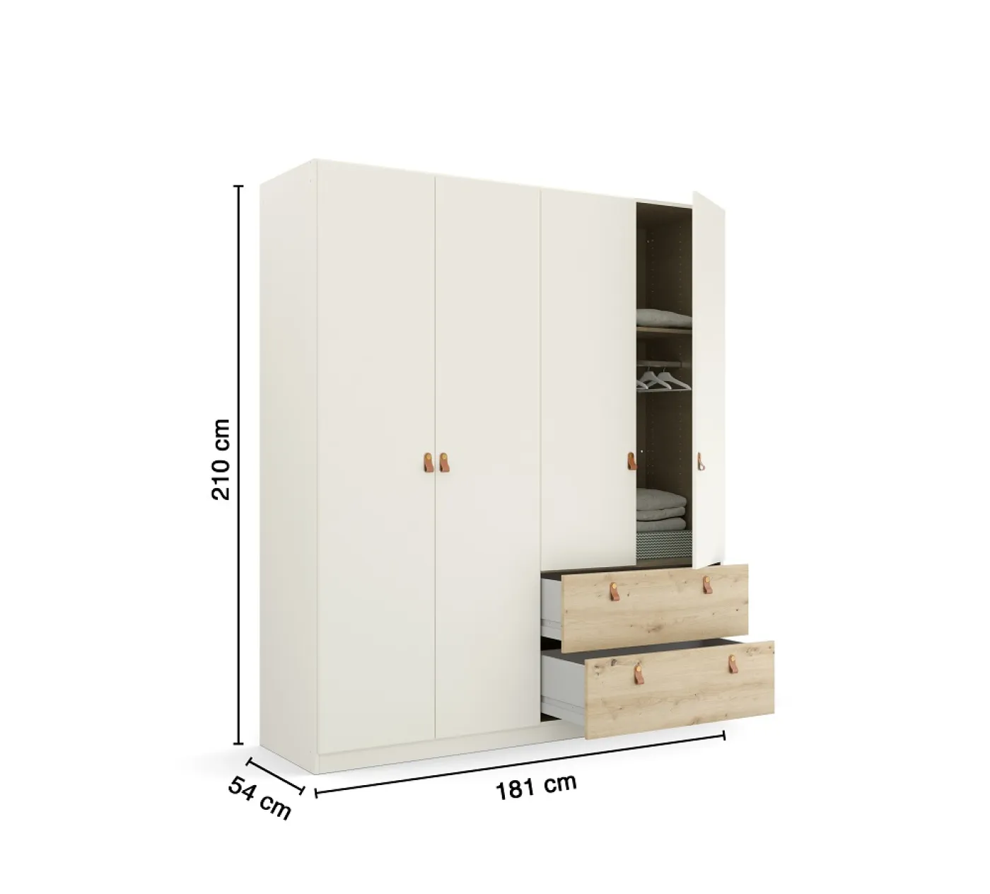 Kleiderschrank Drehtürenschrank Quadra-Spin | 4-türig | mit Schubkästen | alpinweiß / Eiche Artisan | 181x210 | Griff Homey