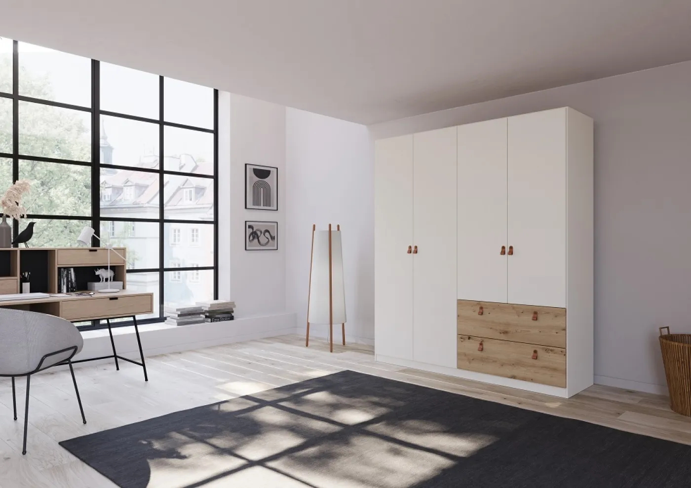 Kleiderschrank Drehtürenschrank Quadra-Spin | 4-türig | mit Schubkästen | alpinweiß / Eiche Artisan | 181x210 | Griff Homey