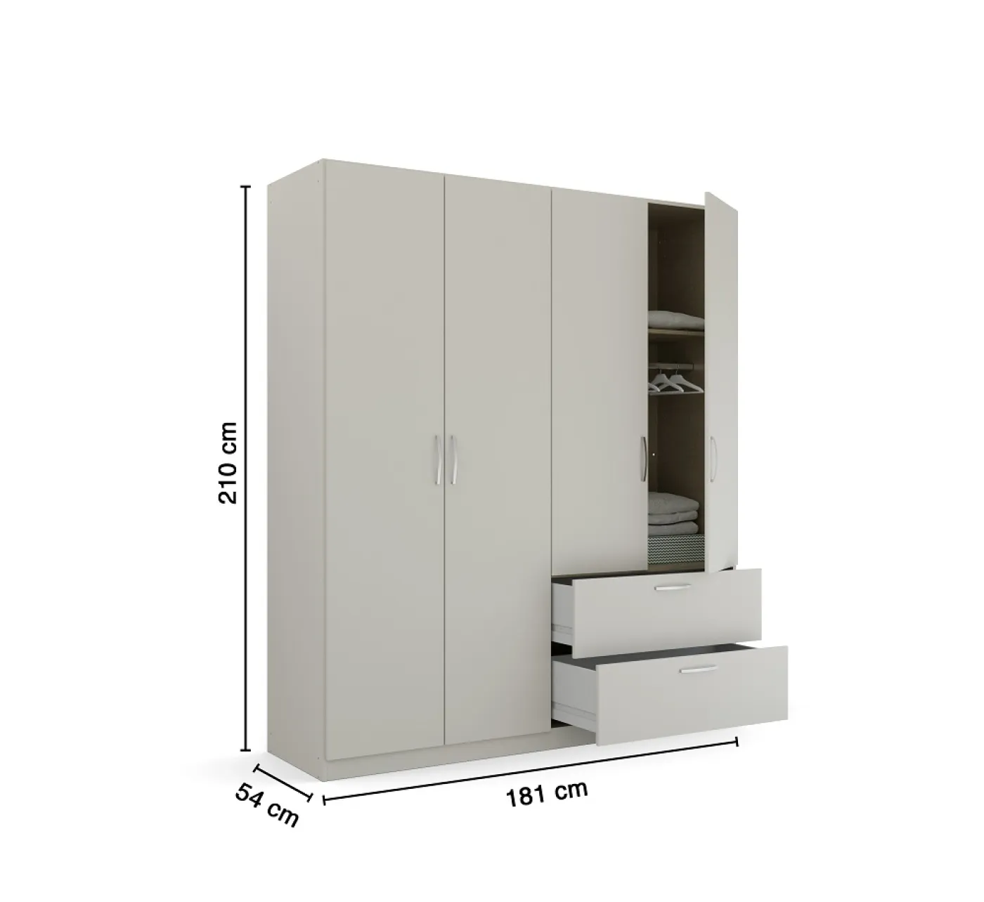 Kleiderschrank Drehtürenschrank Quadra-Spin | 4-türig | mit Schubkästen | seidengrau | 181x210 | Griff Pure