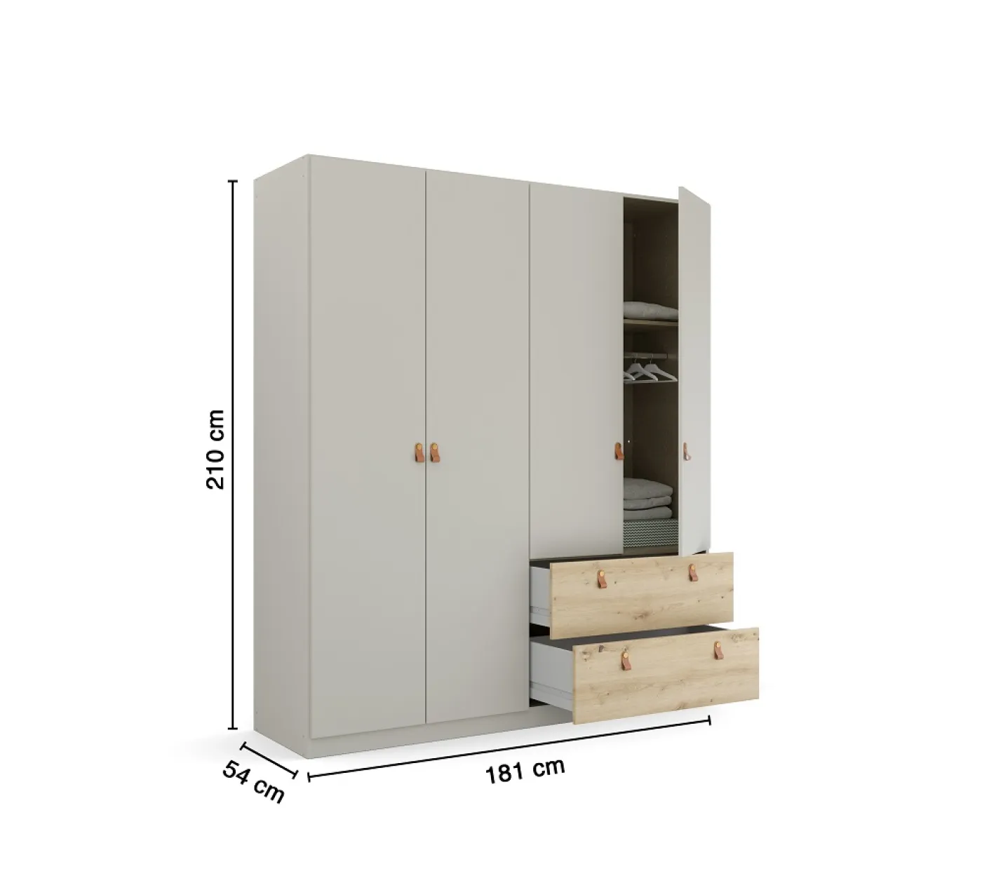 Kleiderschrank Drehtürenschrank Quadra-Spin | 4-türig | mit Schubkästen | seidengrau / Eiche Artisan | 181x210 | Griff Homey