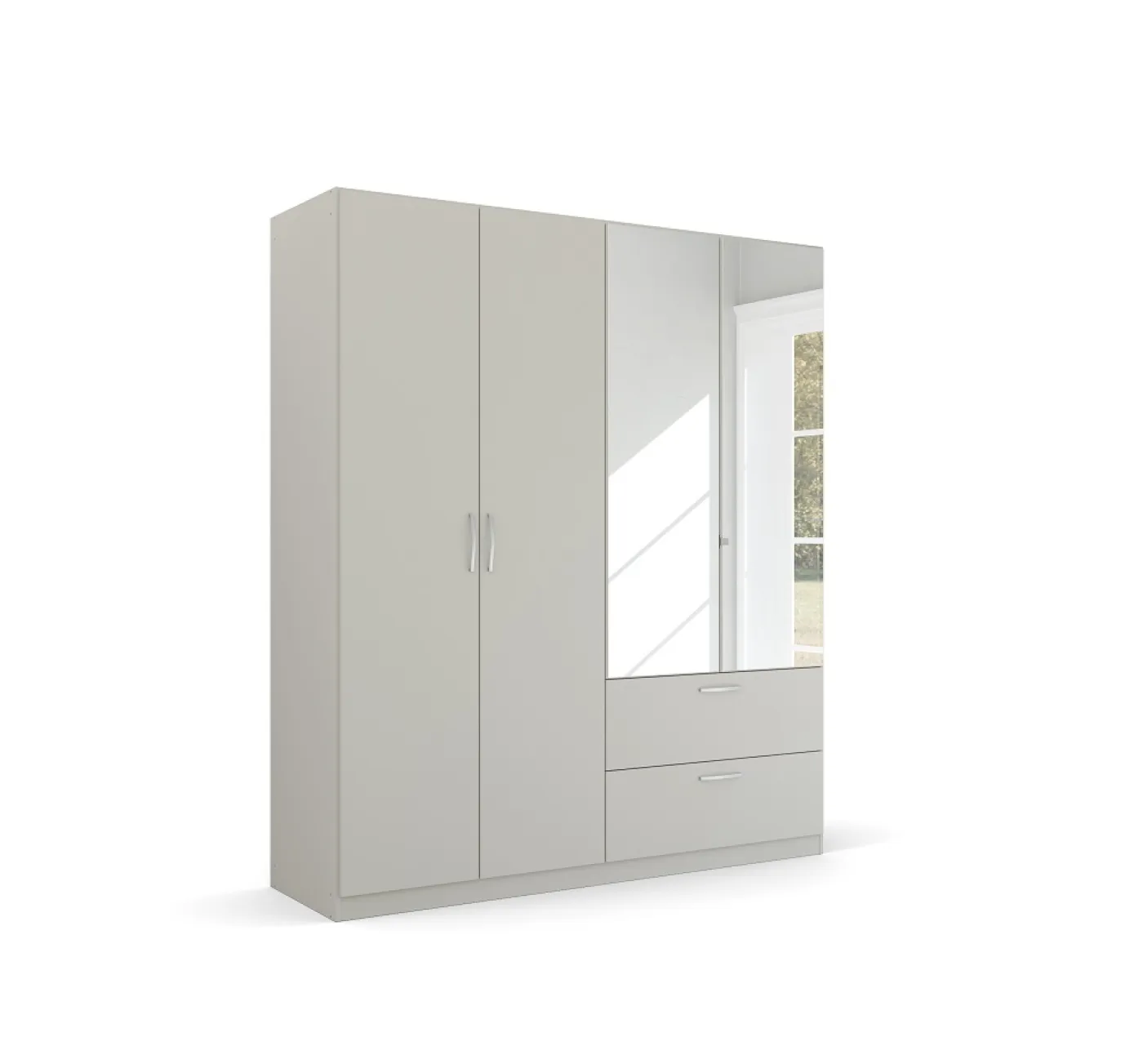 Kleiderschrank Drehtürenschrank Quadra-Spin | 4-türig | mit Spiegelt[ren & Schubkästen | seidengrau | 181x210 | Griff Pure