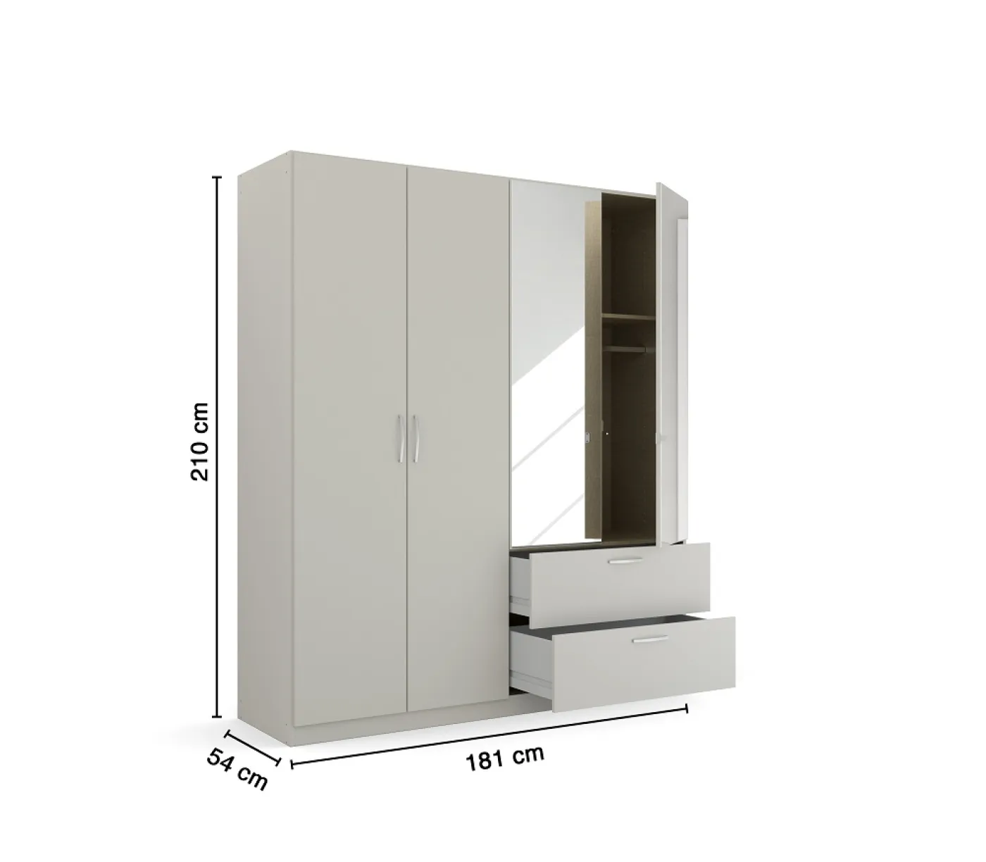 Kleiderschrank Drehtürenschrank Quadra-Spin | 4-türig | mit Spiegelt[ren & Schubkästen | seidengrau | 181x210 | Griff Pure