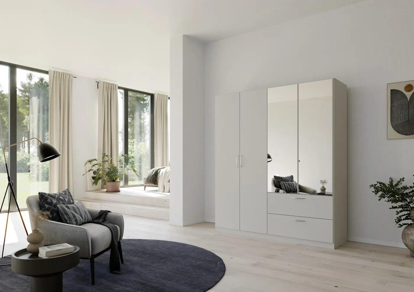 Kleiderschrank Drehtürenschrank Quadra-Spin | 4-türig | mit Spiegelt[ren & Schubkästen | seidengrau | 181x210 | Griff Pure