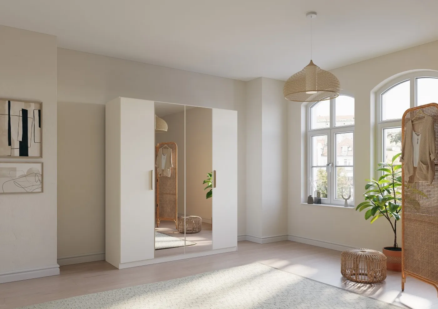 Kleiderschrank Drehtürenschrank Quadra-Spin | 4-türig | mit Spiegeltüren | alpinweiß | 181x210 | Griff Skandi