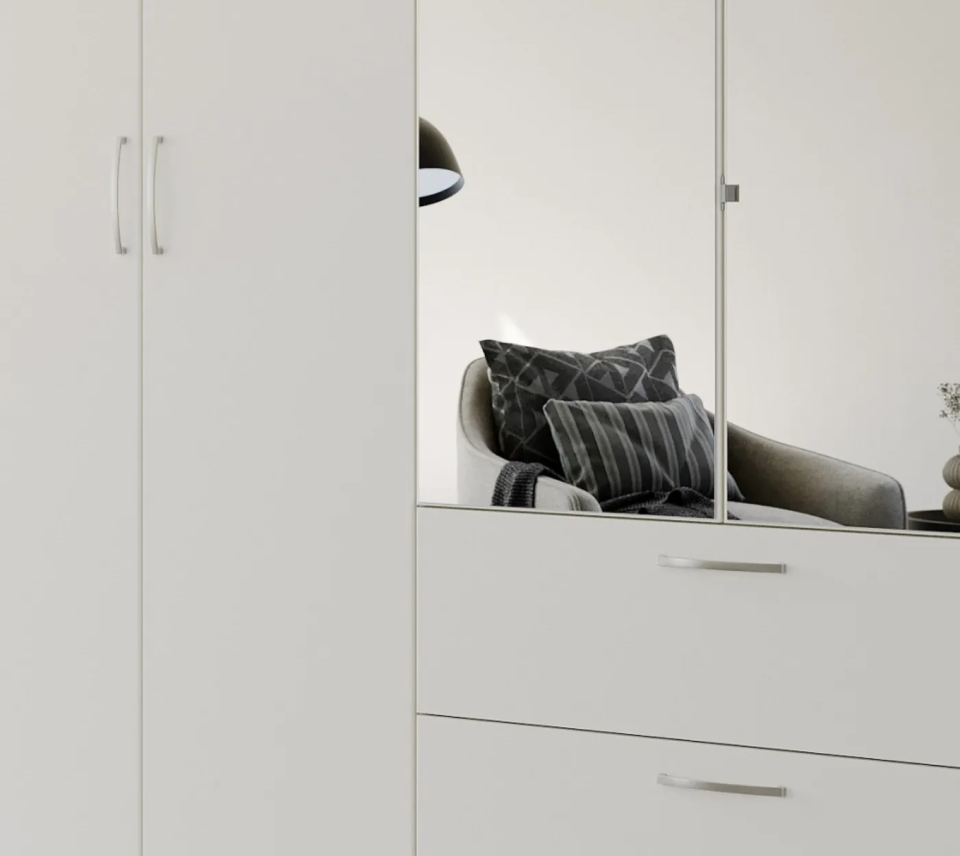 Kleiderschrank Drehtürenschrank Quadra-Spin | 4-türig | mit Spiegeltüren & Schubkästen | alpinweiß | 181x210 | Griff Pure