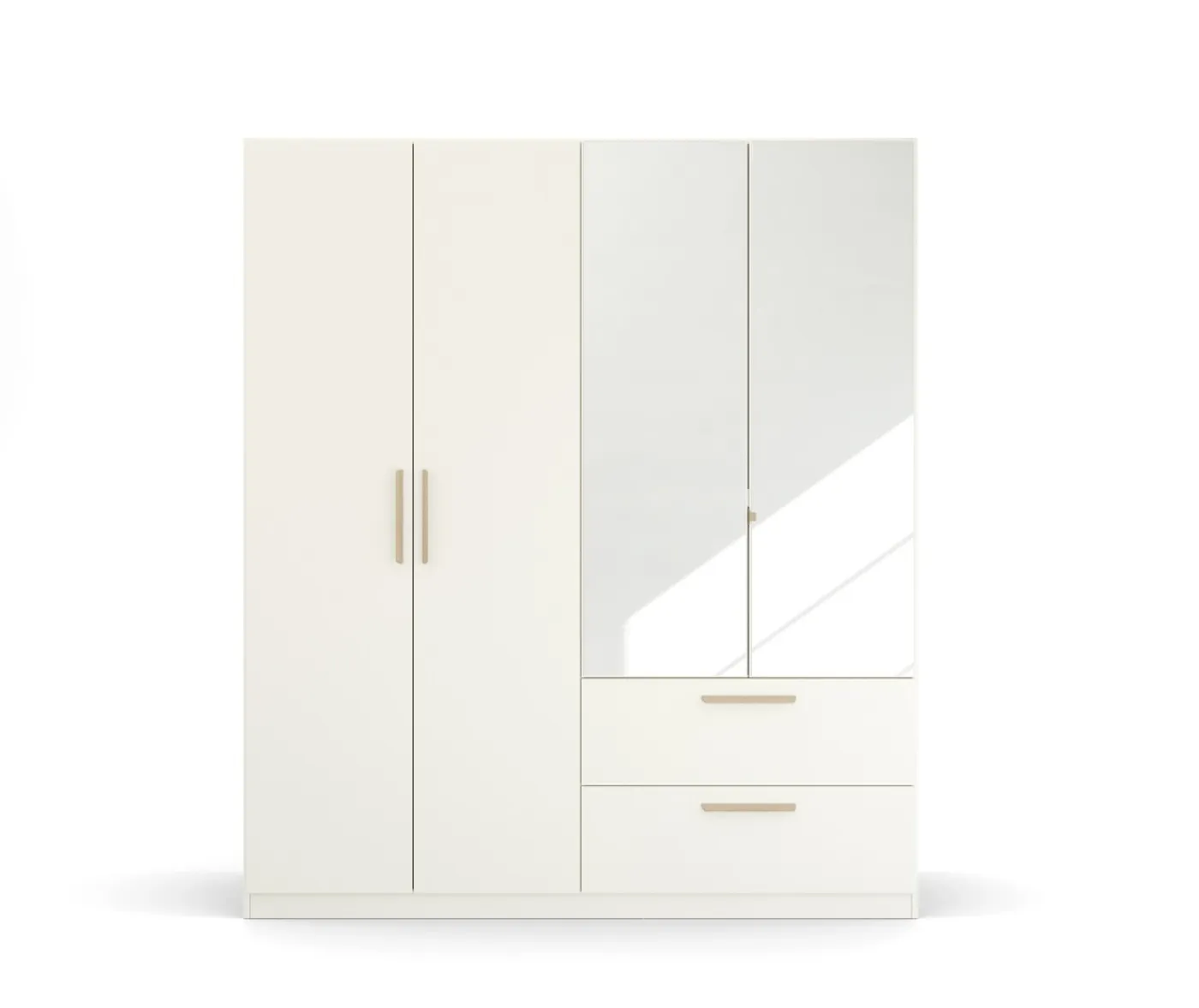 Kleiderschrank Drehtürenschrank Quadra-Spin | 4-türig | mit Spiegeltüren & Schubkästen | alpinweiß | 181x210 | Griff Skandi