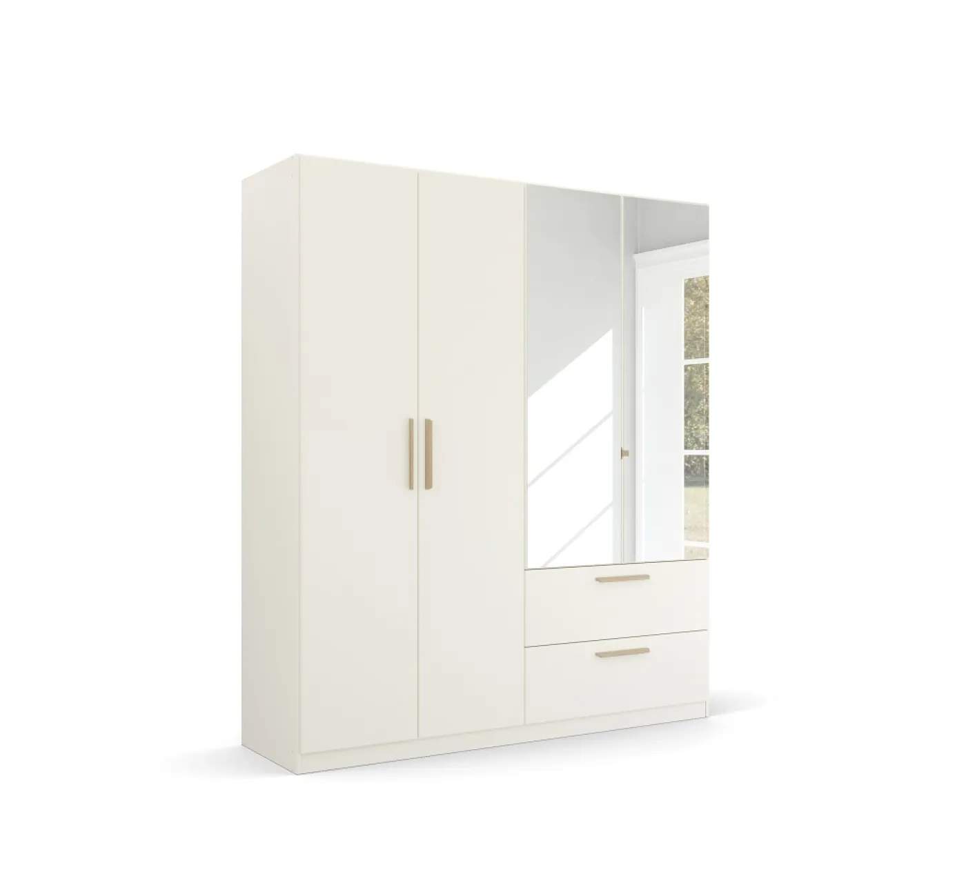 Kleiderschrank Drehtürenschrank Quadra-Spin | 4-türig | mit Spiegeltüren & Schubkästen | alpinweiß | 181x210 | Griff Skandi