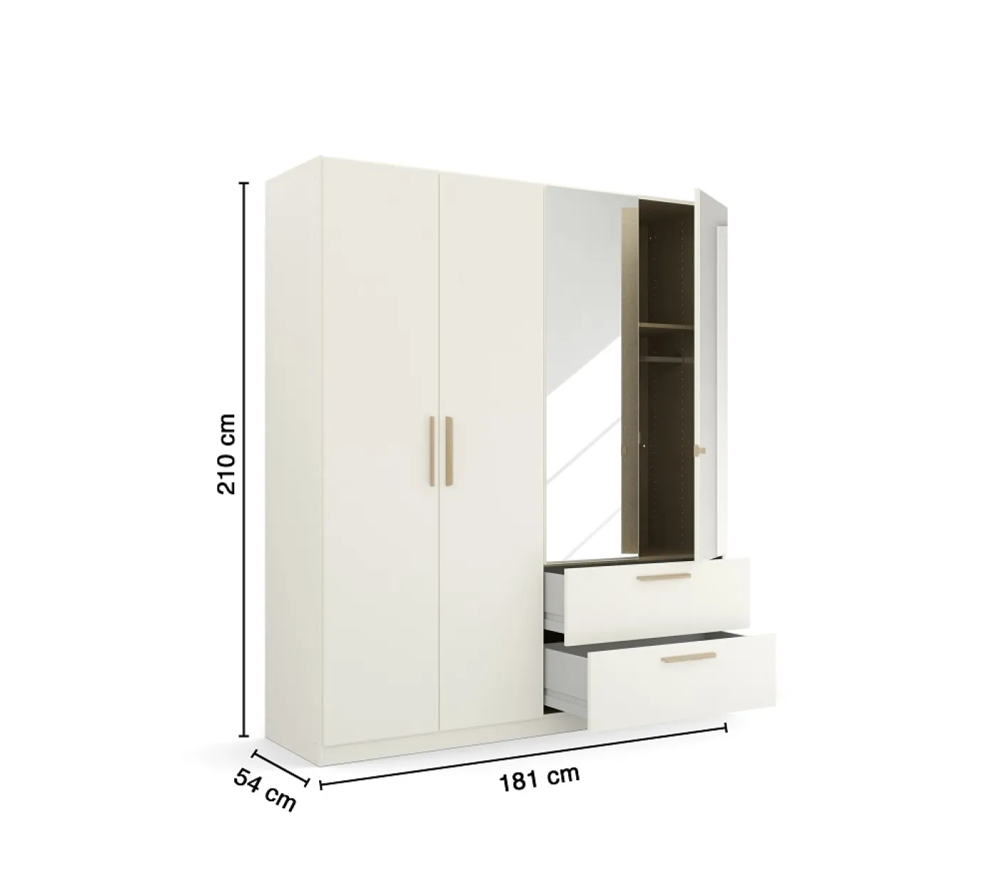 Kleiderschrank Drehtürenschrank Quadra-Spin | 4-türig | mit Spiegeltüren & Schubkästen | alpinweiß | 181x210 | Griff Skandi