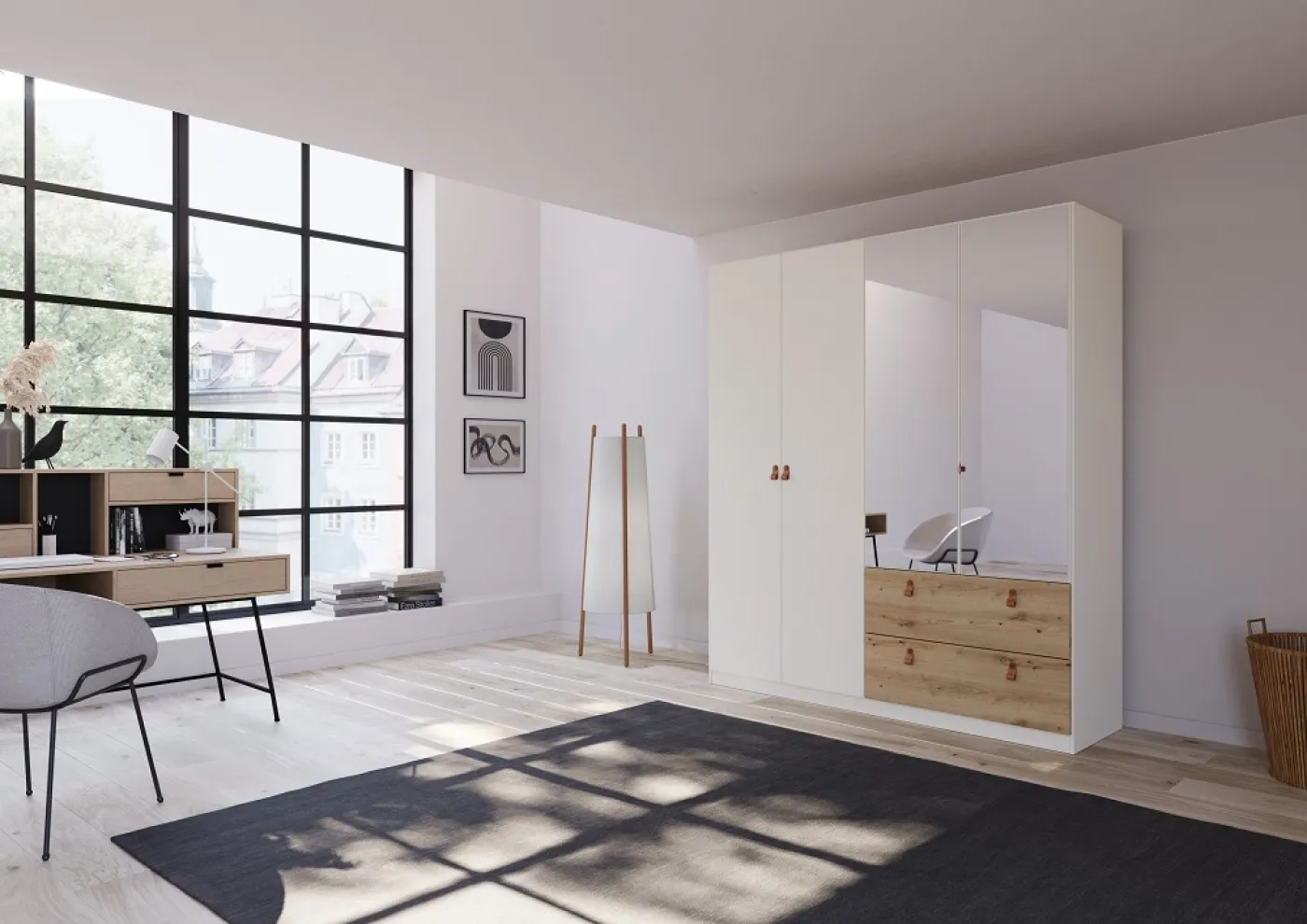 Kleiderschrank Drehtürenschrank Quadra-Spin | 4-türig | mit Spiegeltüren & Schubkästen | alpinweiß / Eiche Artisan | 181x210 | Griff Homey