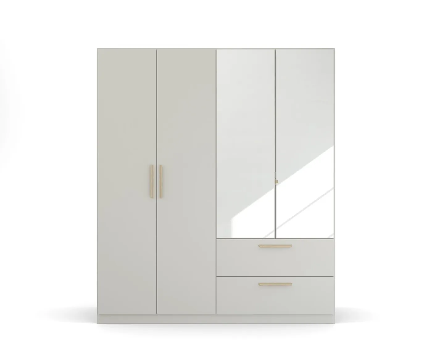 Kleiderschrank Drehtürenschrank Quadra-Spin | 4-türig | mit Spiegeltüren & Schubkästen | seidengrau | 181x210 | Griff Skandi