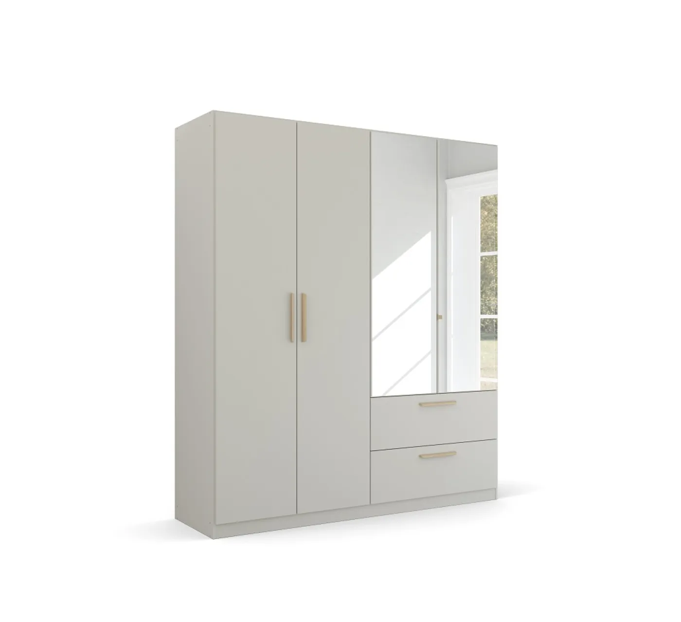 Kleiderschrank Drehtürenschrank Quadra-Spin | 4-türig | mit Spiegeltüren & Schubkästen | seidengrau | 181x210 | Griff Skandi