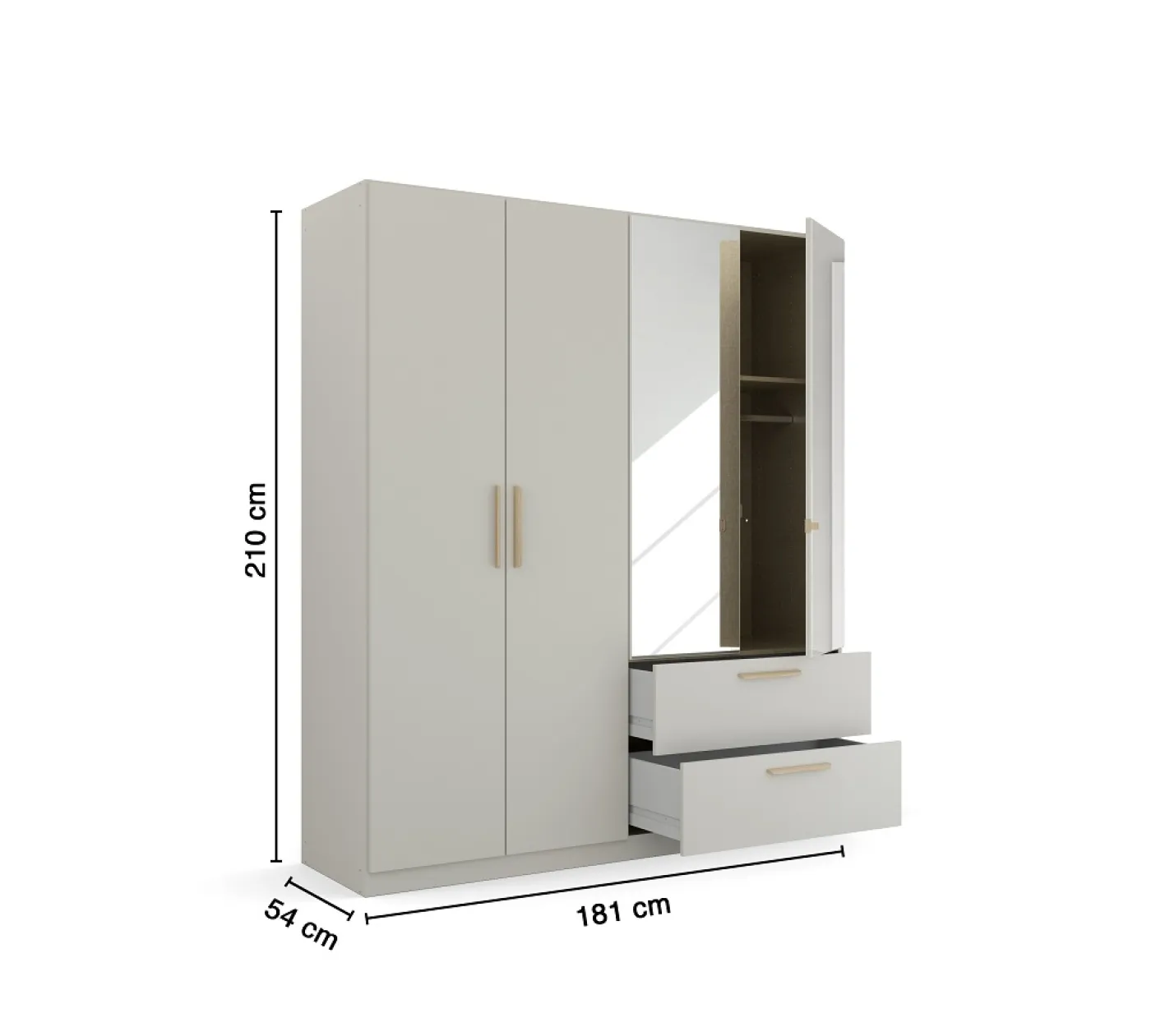 Kleiderschrank Drehtürenschrank Quadra-Spin | 4-türig | mit Spiegeltüren & Schubkästen | seidengrau | 181x210 | Griff Skandi