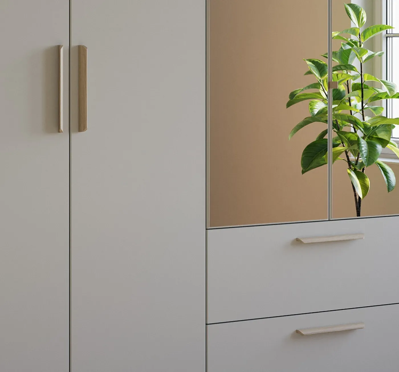 Kleiderschrank Drehtürenschrank Quadra-Spin | 4-türig | mit Spiegeltüren & Schubkästen | seidengrau | 181x210 | Griff Skandi