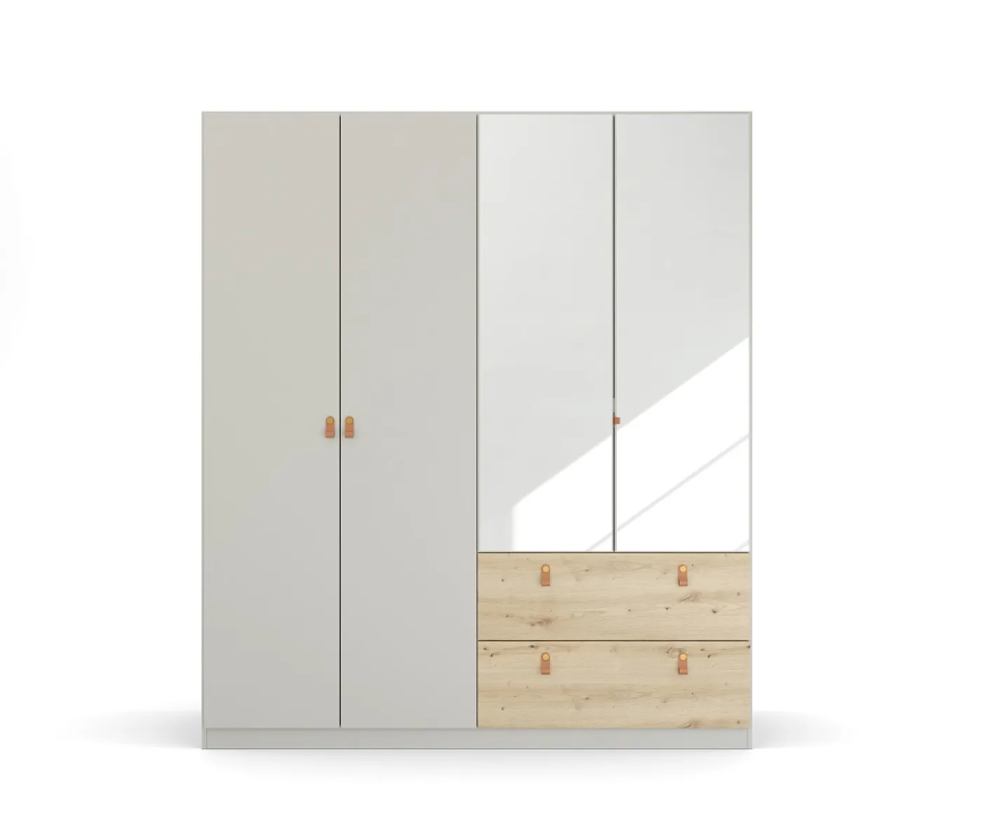 Kleiderschrank Drehtürenschrank Quadra-Spin | 4-türig | mit Spiegeltüren & Schubkästen | seidengrau / Eiche Artisan | 181x210 | Griff Homey