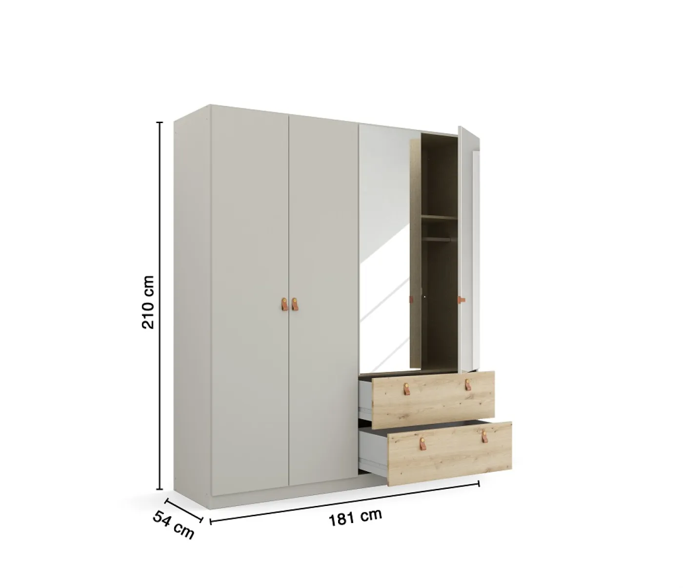 Kleiderschrank Drehtürenschrank Quadra-Spin | 4-türig | mit Spiegeltüren & Schubkästen | seidengrau / Eiche Artisan | 181x210 | Griff Homey