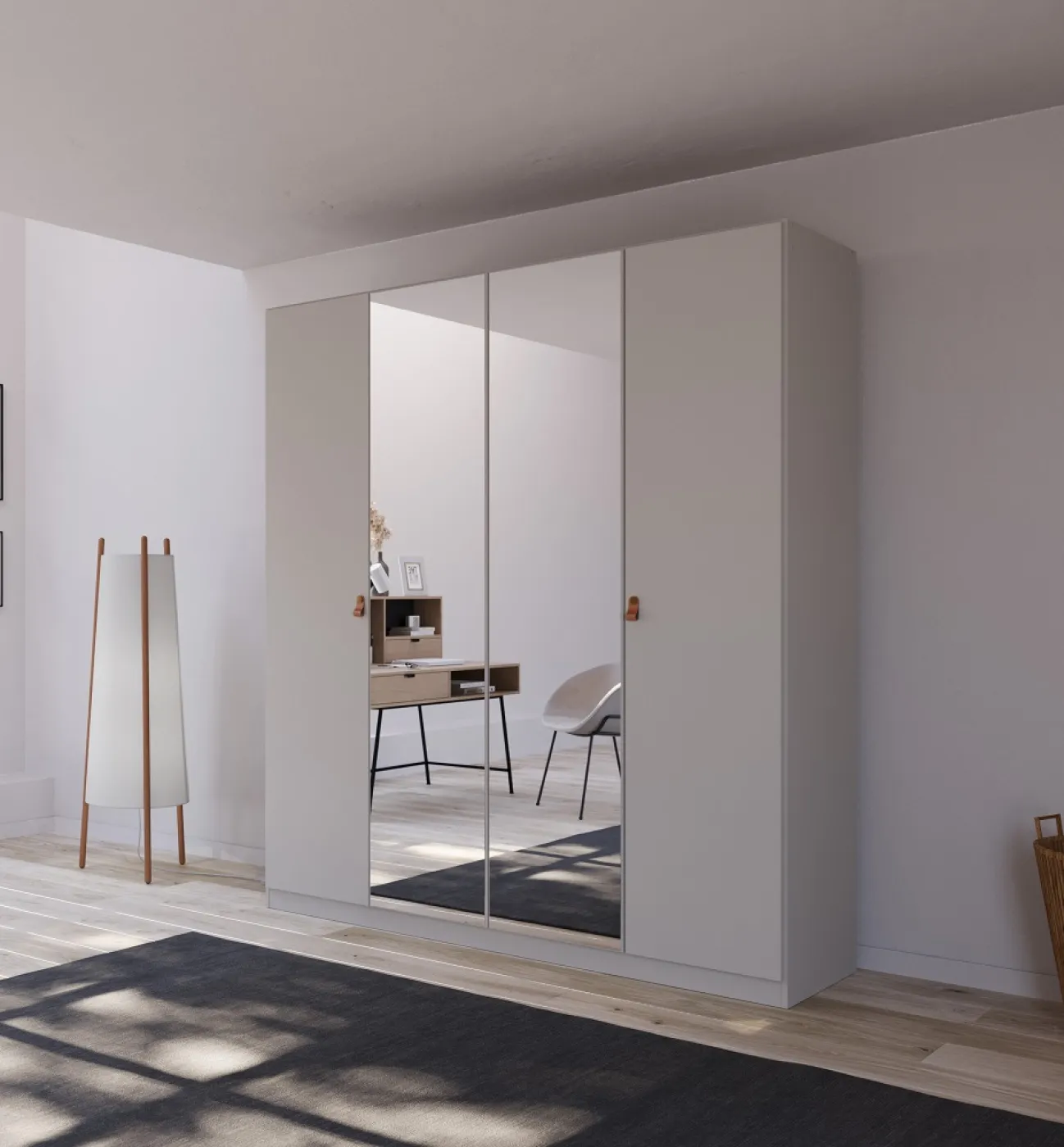 Kleiderschrank Drehtürenschrank Quadra-Spin | 4-türig | mit Spiegeltüren | seidengrau | 181x210 | Griff Homey