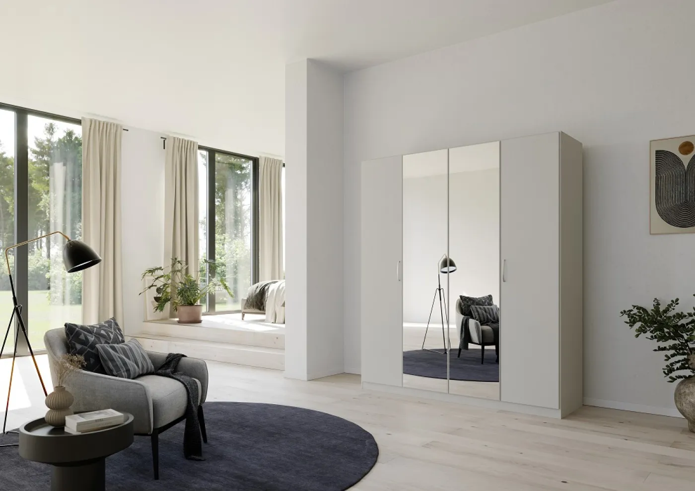 Kleiderschrank Drehtürenschrank Quadra-Spin | 4-türig | mit Spiegeltüren | seidengrau | 181x210 | Griff Pure