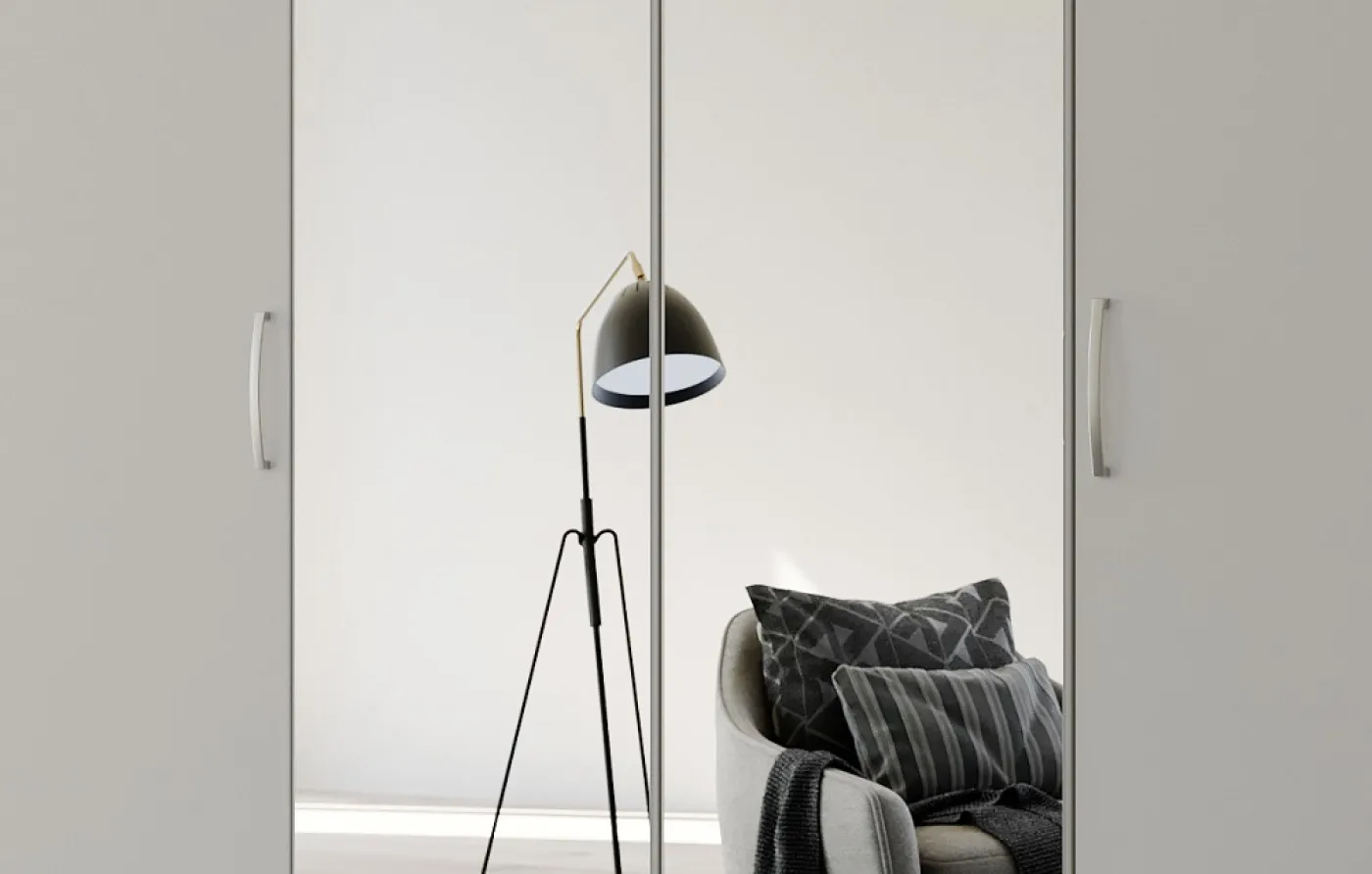 Kleiderschrank Drehtürenschrank Quadra-Spin | 4-türig | mit Spiegeltüren | seidengrau | 181x210 | Griff Pure