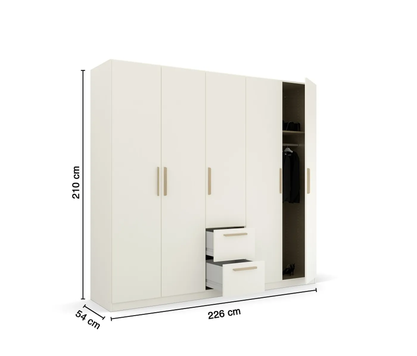 Kleiderschrank Drehtürenschrank Quadra-Spin | 5-türig | mit Schubkästen | alpinweiß | 226x210 | Griff Skandi