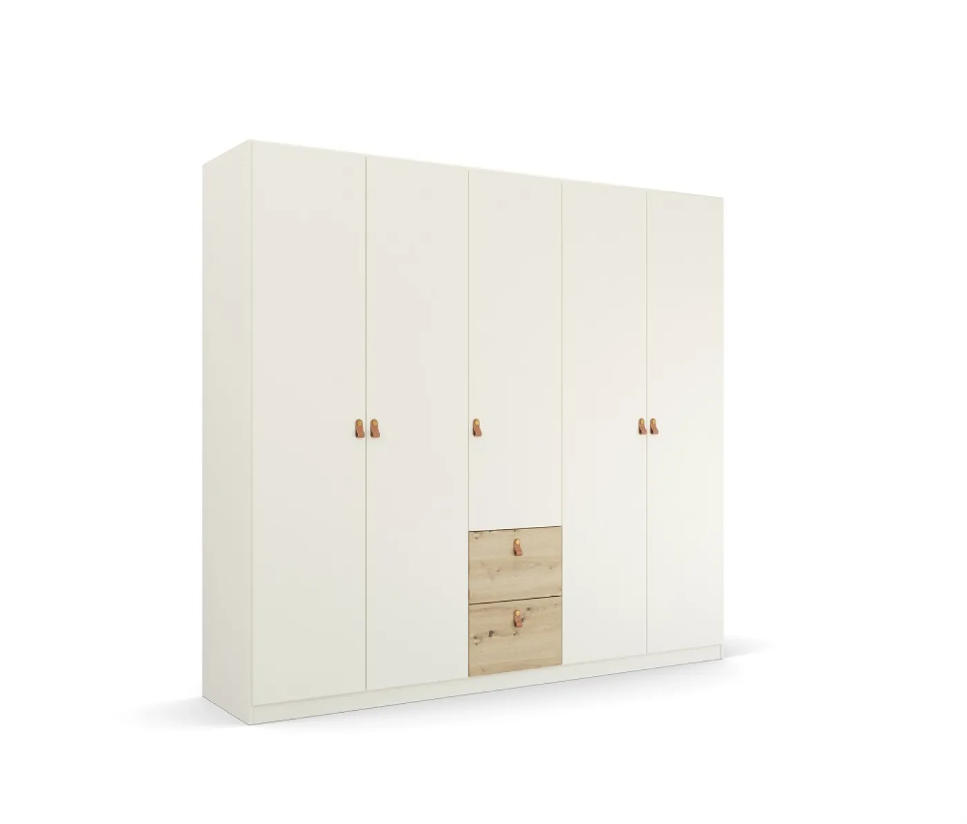 Kleiderschrank Drehtürenschrank Quadra-Spin | 5-türig | mit Schubkästen | alpinweiß / Eiche Artisan | 226x210 | Griff Homey