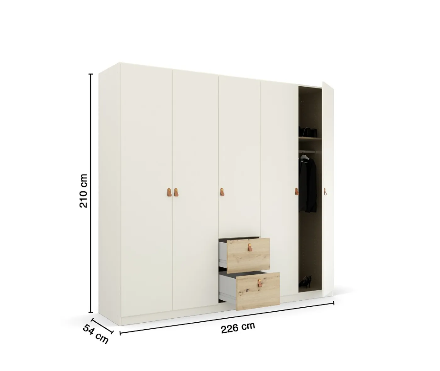 Kleiderschrank Drehtürenschrank Quadra-Spin | 5-türig | mit Schubkästen | alpinweiß / Eiche Artisan | 226x210 | Griff Homey