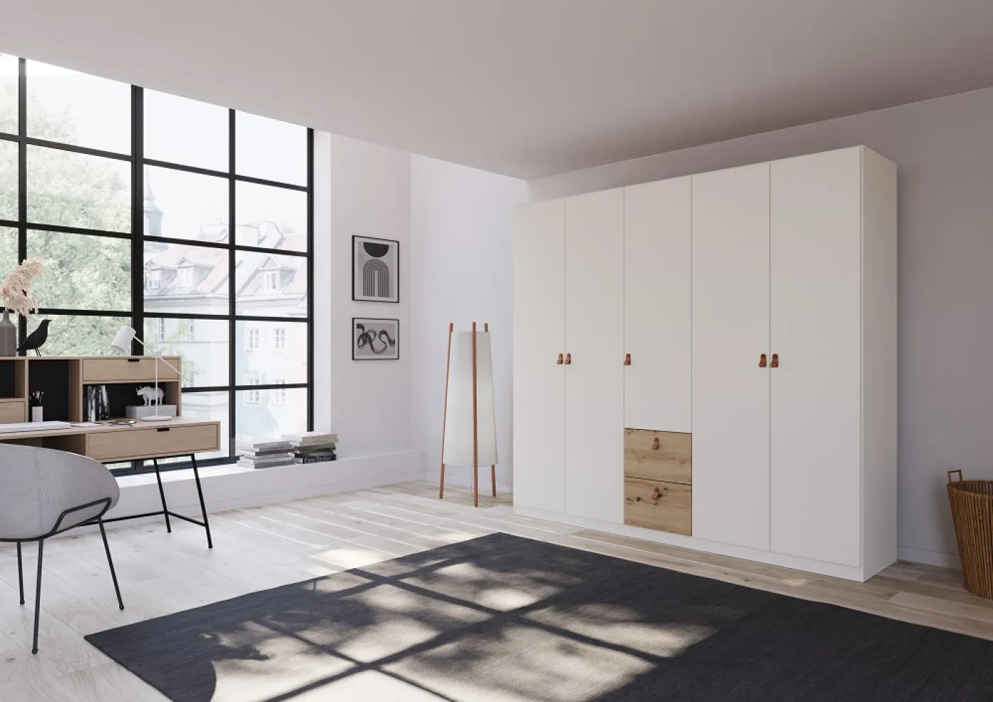 Kleiderschrank Drehtürenschrank Quadra-Spin | 5-türig | mit Schubkästen | alpinweiß / Eiche Artisan | 226x210 | Griff Homey