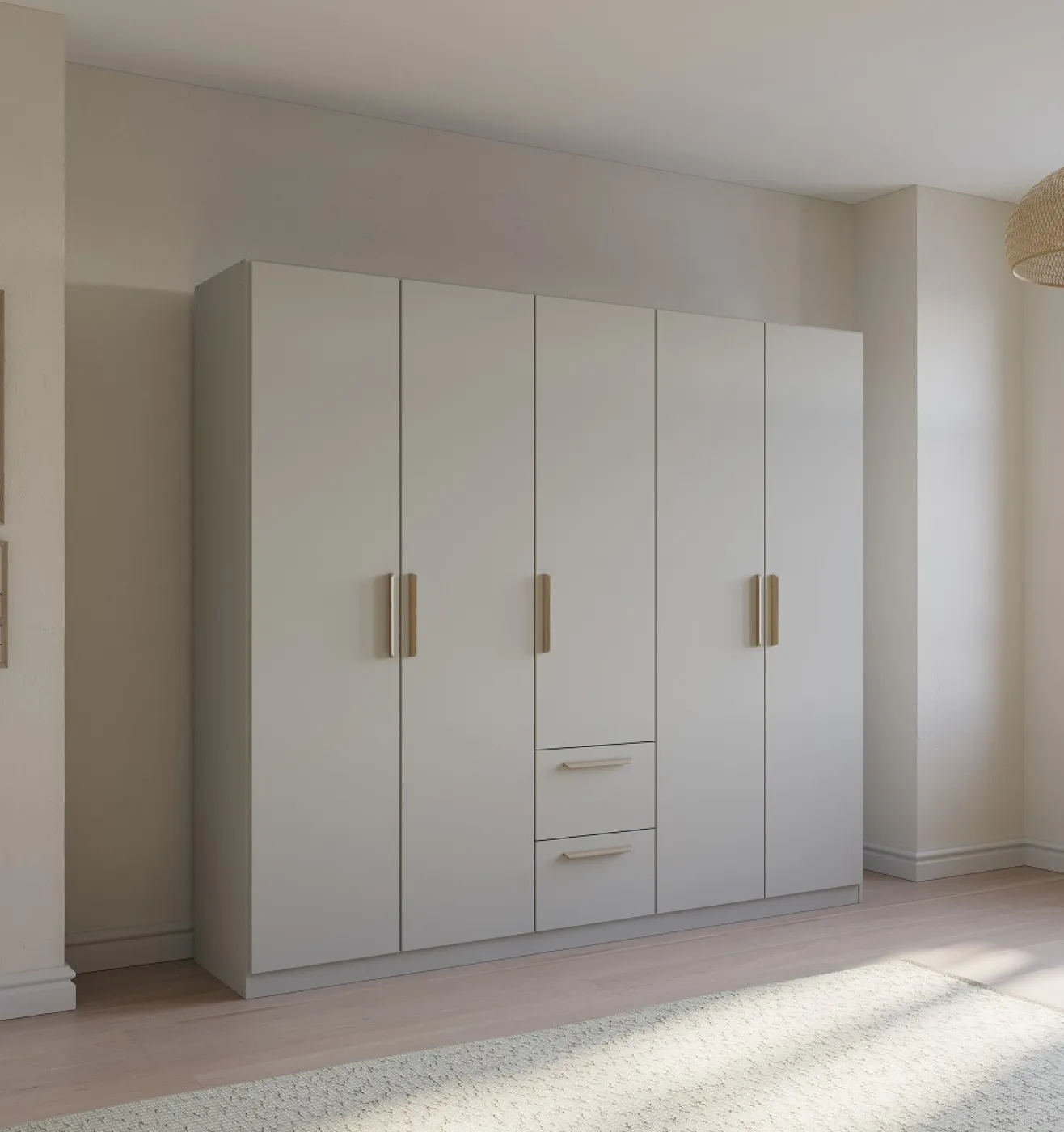 Kleiderschrank Drehtürenschrank Quadra-Spin | 5-türig | mit Schubkästen | seidengrau | 226x210 | Griff Pure