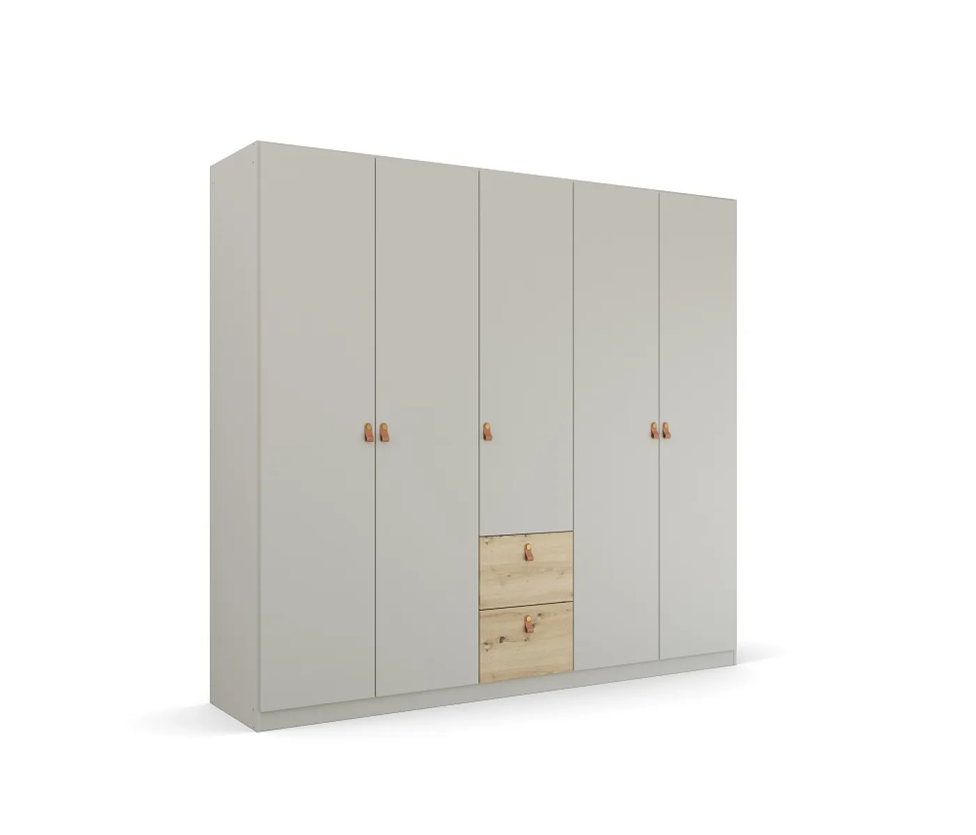 Kleiderschrank Drehtürenschrank Quadra-Spin | 5-türig | mit Schubkästen | seidengrau / Eiche Artisan | 226x210 | Griff Homey